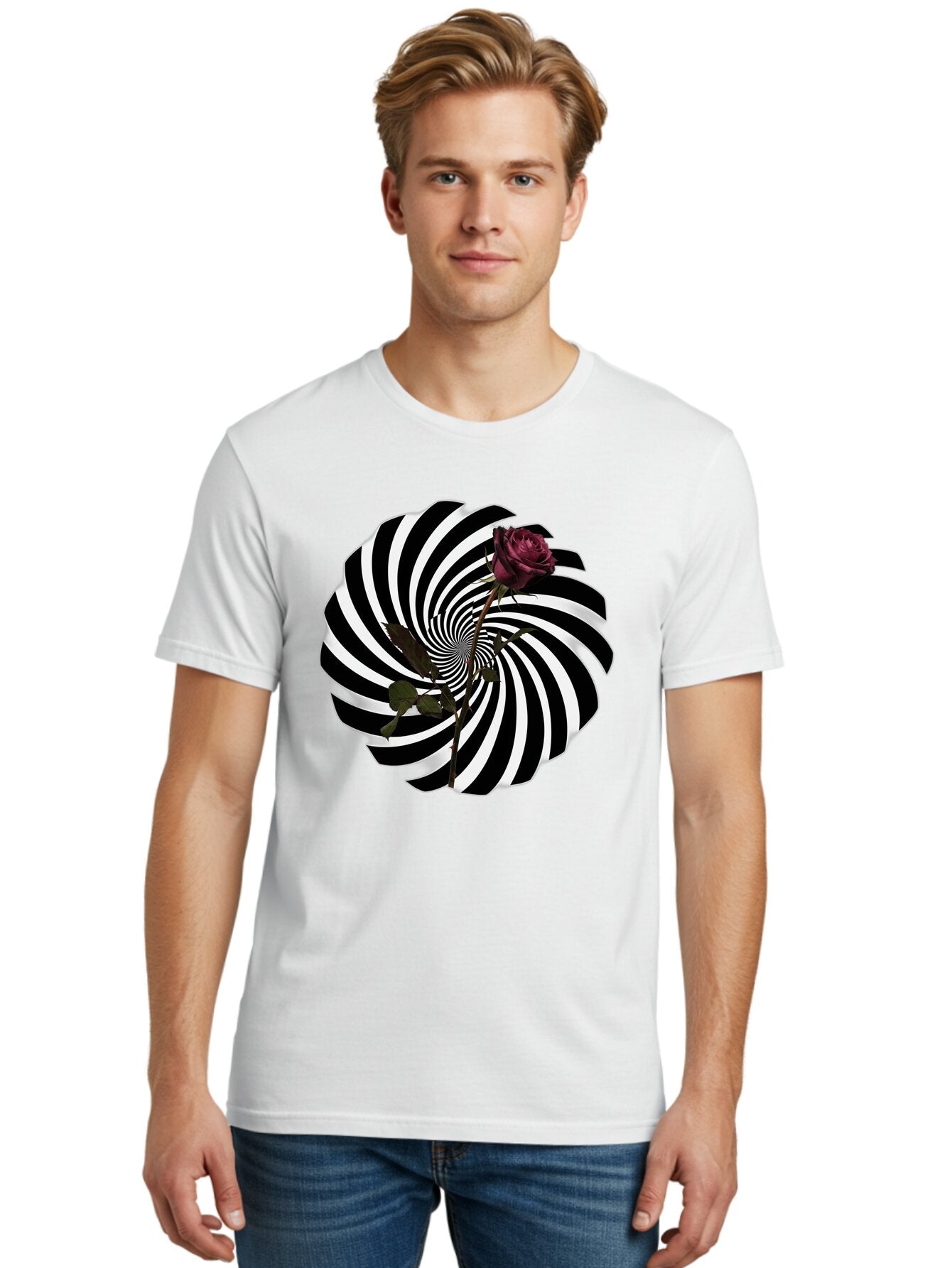Black-And-White-Swirl-With-Rose Men'S Graphic Tee, 100% Cotton, Comfortable Casual Summer Wear, Machine Washable, Vintage Camera, Old Camera, Antique Camera, Black Camera, Classic Photography, Photography Equipment, Nostalgic Device, Baq364 20