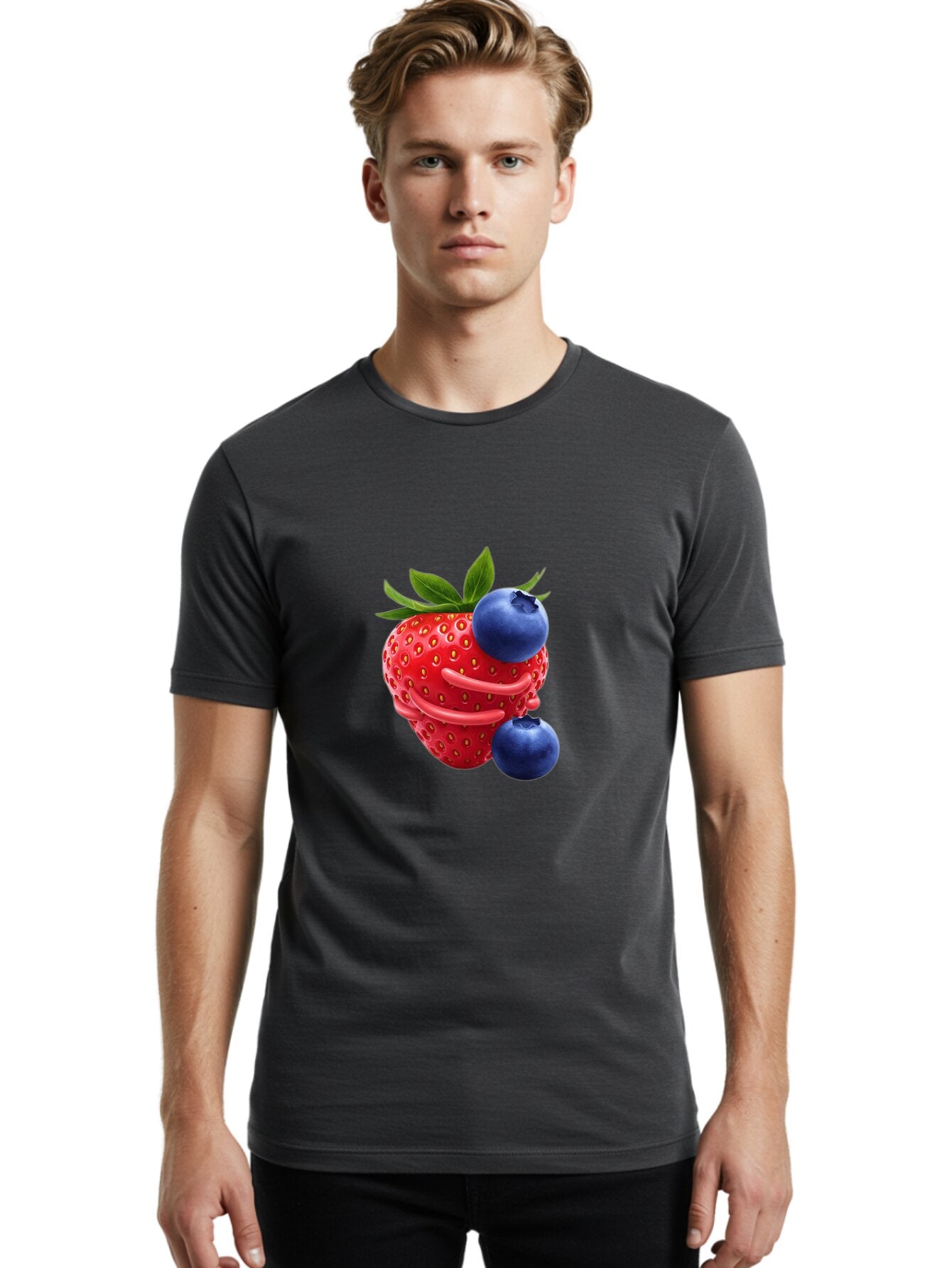 Cartoon-Strawberry-With-Blueberries Men'S Graphic Tee, 100% Cotton, Comfortable Casual Summer Wear, Machine Washable, Vintage Camera, Old Camera, Antique Camera, Black Camera, Classic Photography, Photography Equipment, Nostalgic Device, Baq447 16