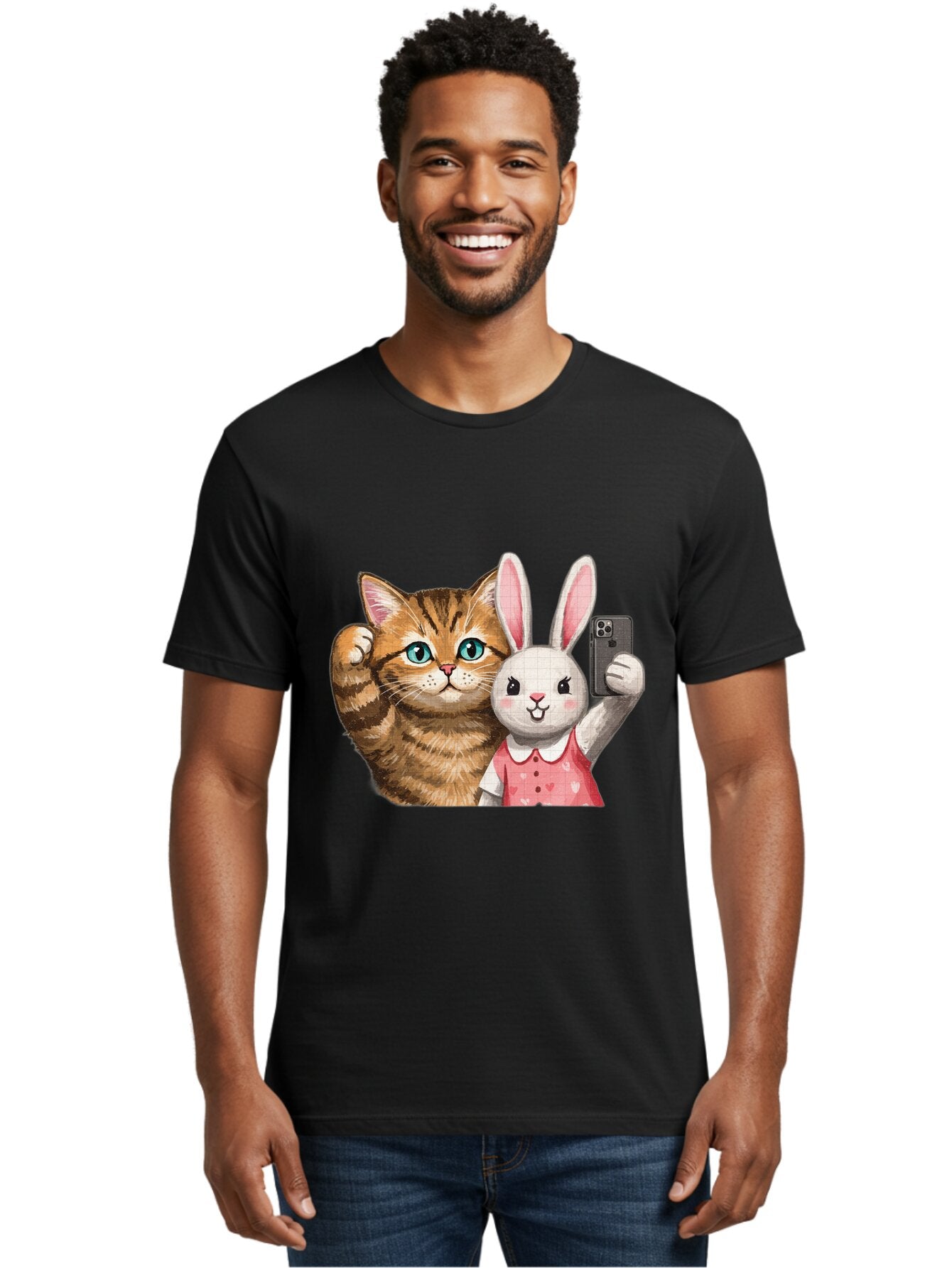 Cat-And-Bunny-Selfie Men'S Graphic Tee, 100% Cotton, Comfortable Casual Summer Wear, Machine Washable, Vintage Camera, Old Camera, Antique Camera, Black Camera, Classic Photography, Photography Equipment, Nostalgic Device, Film Camera, Baq450 17