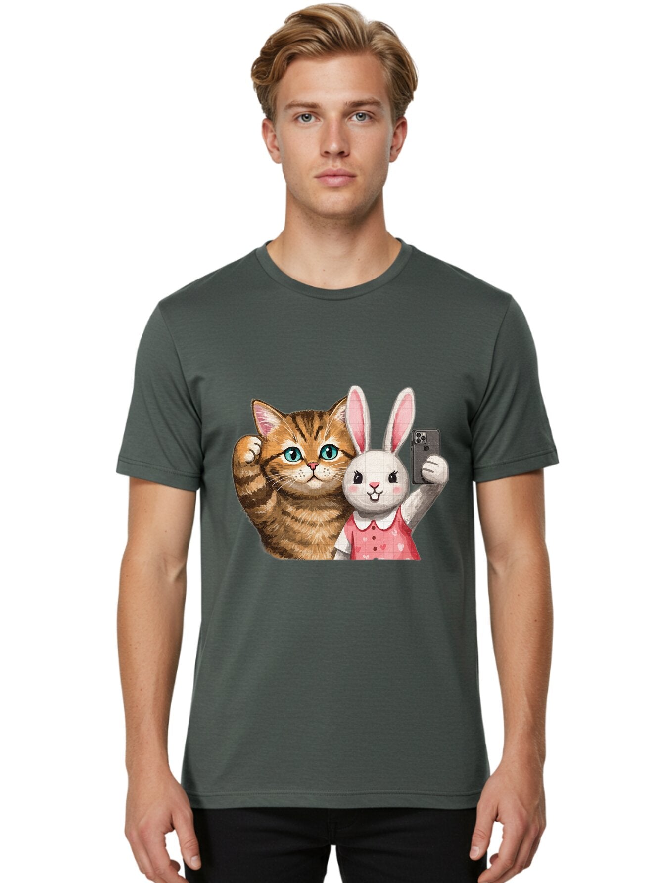 Cat-And-Bunny-Selfie Men'S Graphic Tee, 100% Cotton, Comfortable Casual Summer Wear, Machine Washable, Vintage Camera, Old Camera, Antique Camera, Black Camera, Classic Photography, Photography Equipment, Nostalgic Device, Film Camera, Baq450 21