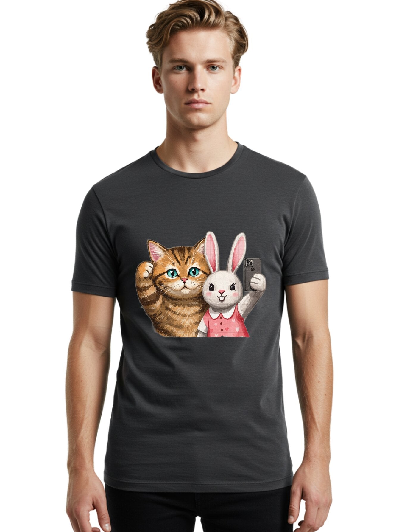 Cat-And-Bunny-Selfie Men'S Graphic Tee, 100% Cotton, Comfortable Casual Summer Wear, Machine Washable, Vintage Camera, Old Camera, Antique Camera, Black Camera, Classic Photography, Photography Equipment, Nostalgic Device, Film Camera, Baq450 22