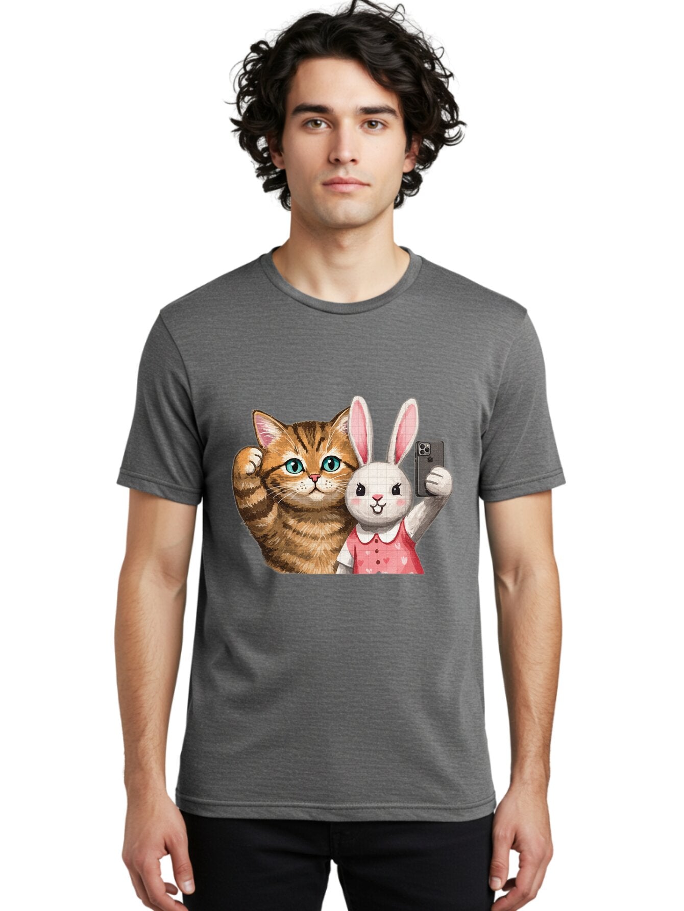 Cat-And-Bunny-Selfie Men'S Graphic Tee, 100% Cotton, Comfortable Casual Summer Wear, Machine Washable, Vintage Camera, Old Camera, Antique Camera, Black Camera, Classic Photography, Photography Equipment, Nostalgic Device, Film Camera, Baq450 16