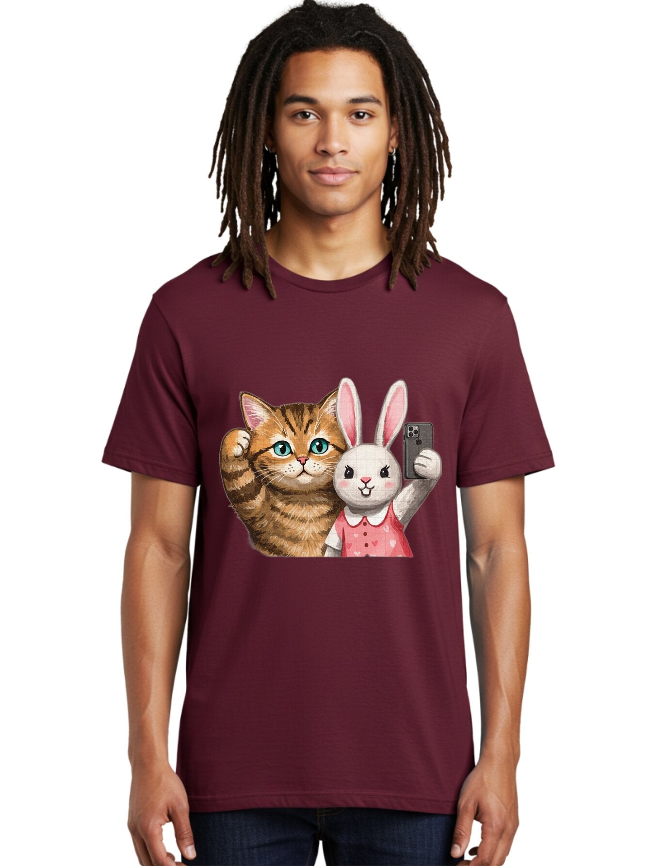 Cat-And-Bunny-Selfie Men'S Graphic Tee, 100% Cotton, Comfortable Casual Summer Wear, Machine Washable, Vintage Camera, Old Camera, Antique Camera, Black Camera, Classic Photography, Photography Equipment, Nostalgic Device, Film Camera, Baq450 25