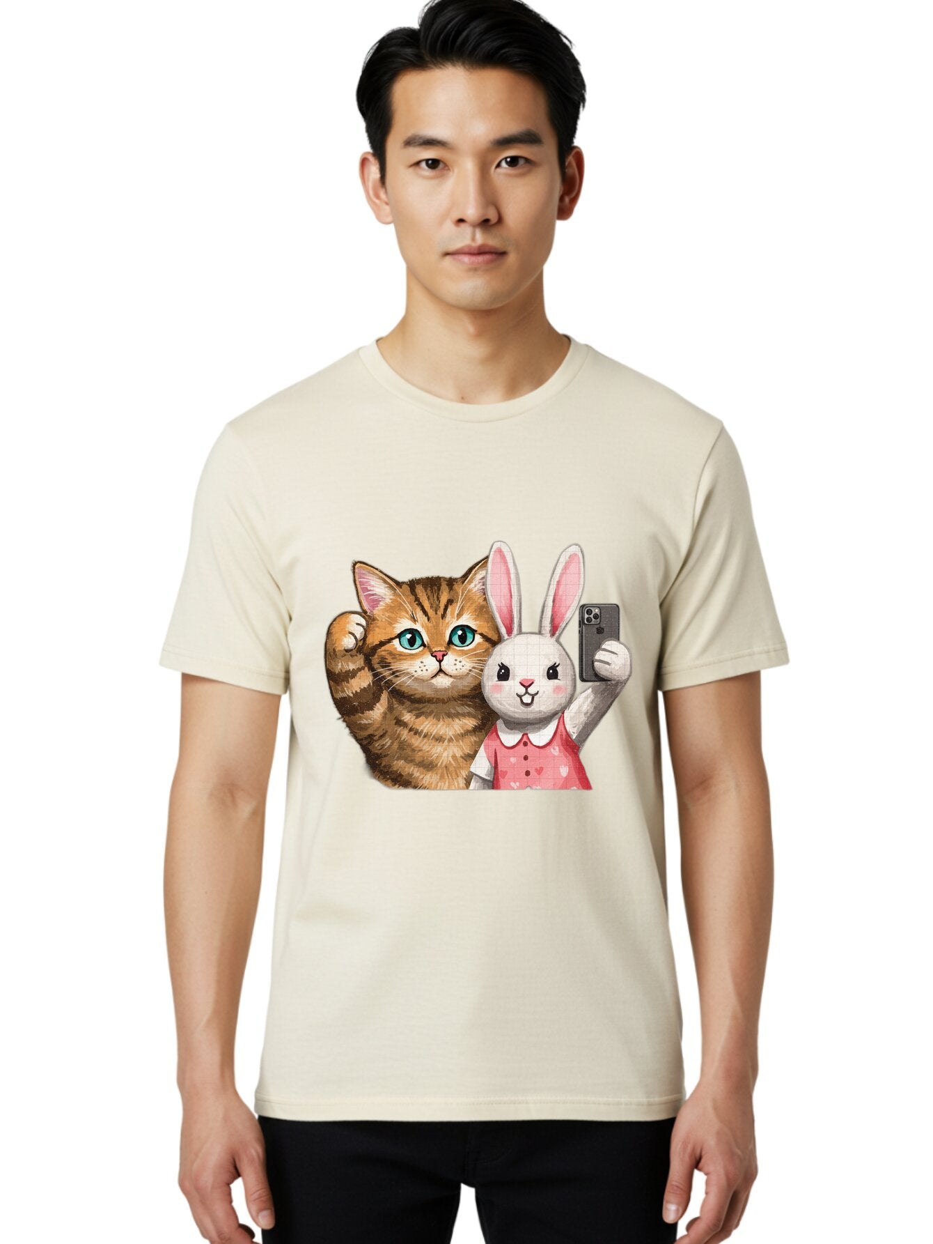 Cat-And-Bunny-Selfie Men'S Graphic Tee, 100% Cotton, Comfortable Casual Summer Wear, Machine Washable, Vintage Camera, Old Camera, Antique Camera, Black Camera, Classic Photography, Photography Equipment, Nostalgic Device, Film Camera, Baq450 24