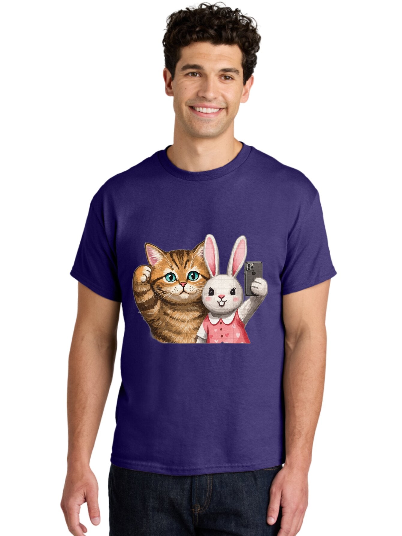 Cat-And-Bunny-Selfie Men'S Graphic Tee, 100% Cotton, Comfortable Casual Summer Wear, Machine Washable, Vintage Camera, Old Camera, Antique Camera, Black Camera, Classic Photography, Photography Equipment, Nostalgic Device, Film Camera, Baq450 28