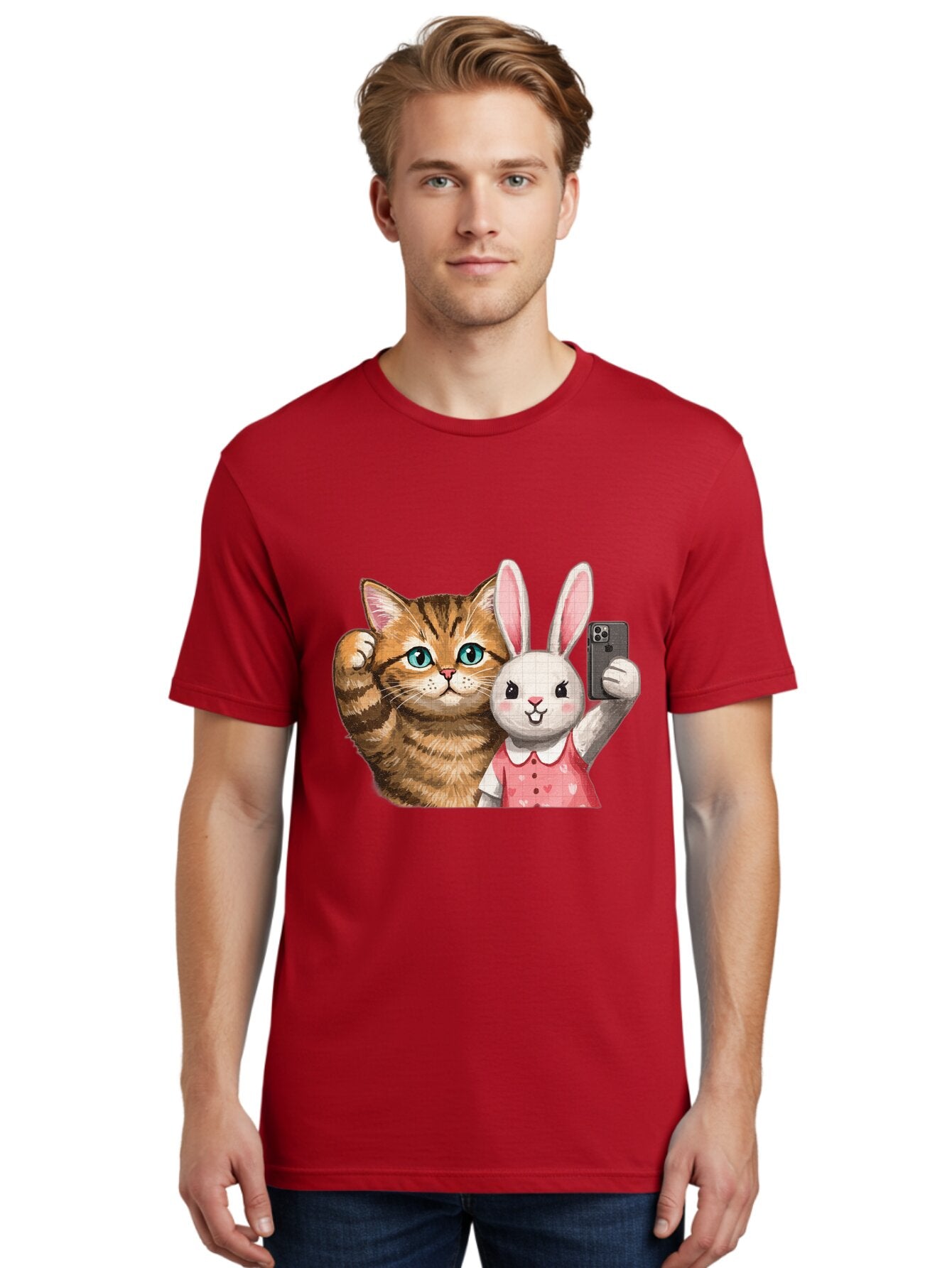 Cat-And-Bunny-Selfie Men'S Graphic Tee, 100% Cotton, Comfortable Casual Summer Wear, Machine Washable, Vintage Camera, Old Camera, Antique Camera, Black Camera, Classic Photography, Photography Equipment, Nostalgic Device, Film Camera, Baq450 20