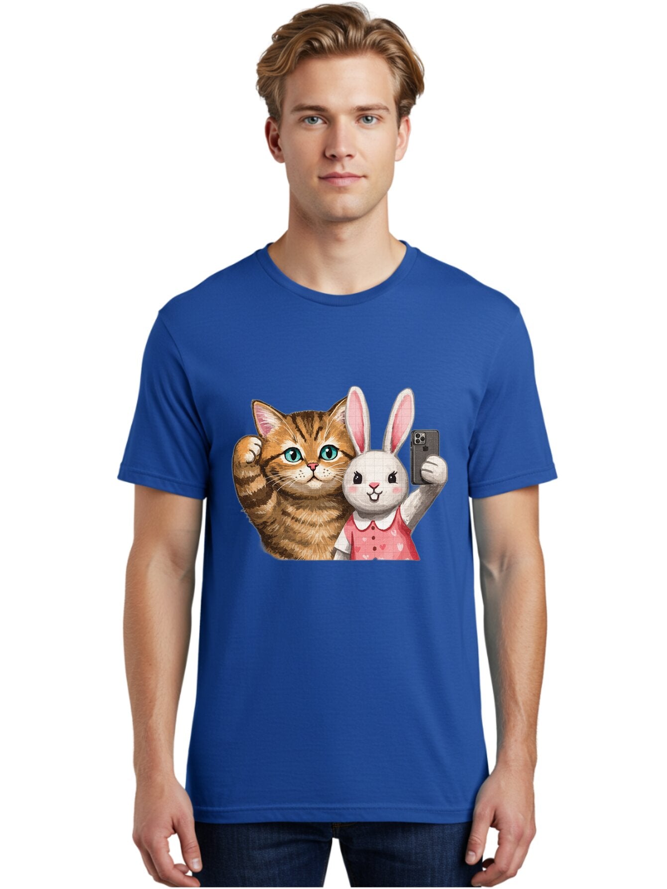 Cat-And-Bunny-Selfie Men'S Graphic Tee, 100% Cotton, Comfortable Casual Summer Wear, Machine Washable, Vintage Camera, Old Camera, Antique Camera, Black Camera, Classic Photography, Photography Equipment, Nostalgic Device, Film Camera, Baq450 30