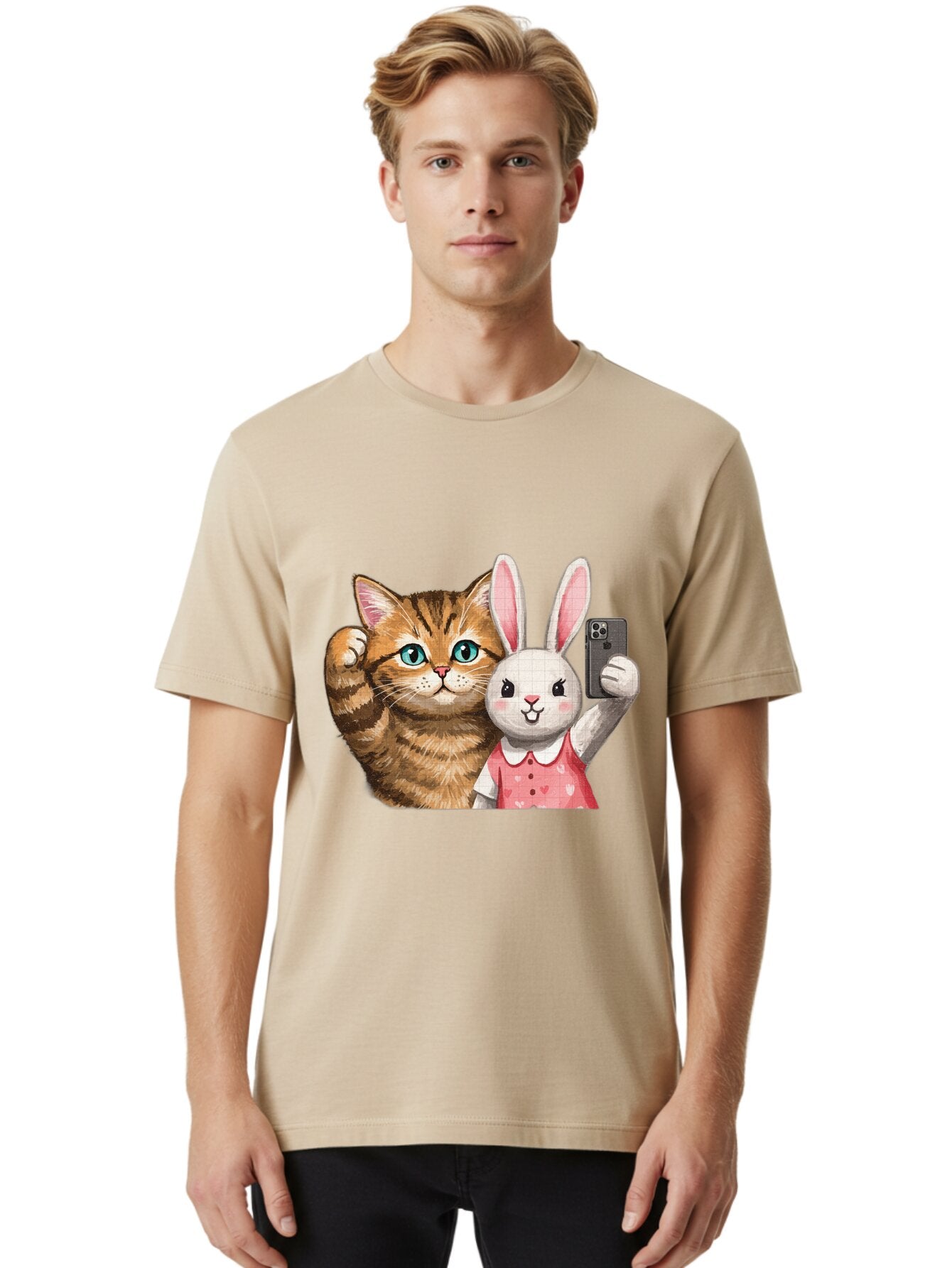 Cat-And-Bunny-Selfie Men'S Graphic Tee, 100% Cotton, Comfortable Casual Summer Wear, Machine Washable, Vintage Camera, Old Camera, Antique Camera, Black Camera, Classic Photography, Photography Equipment, Nostalgic Device, Film Camera, Baq450 18