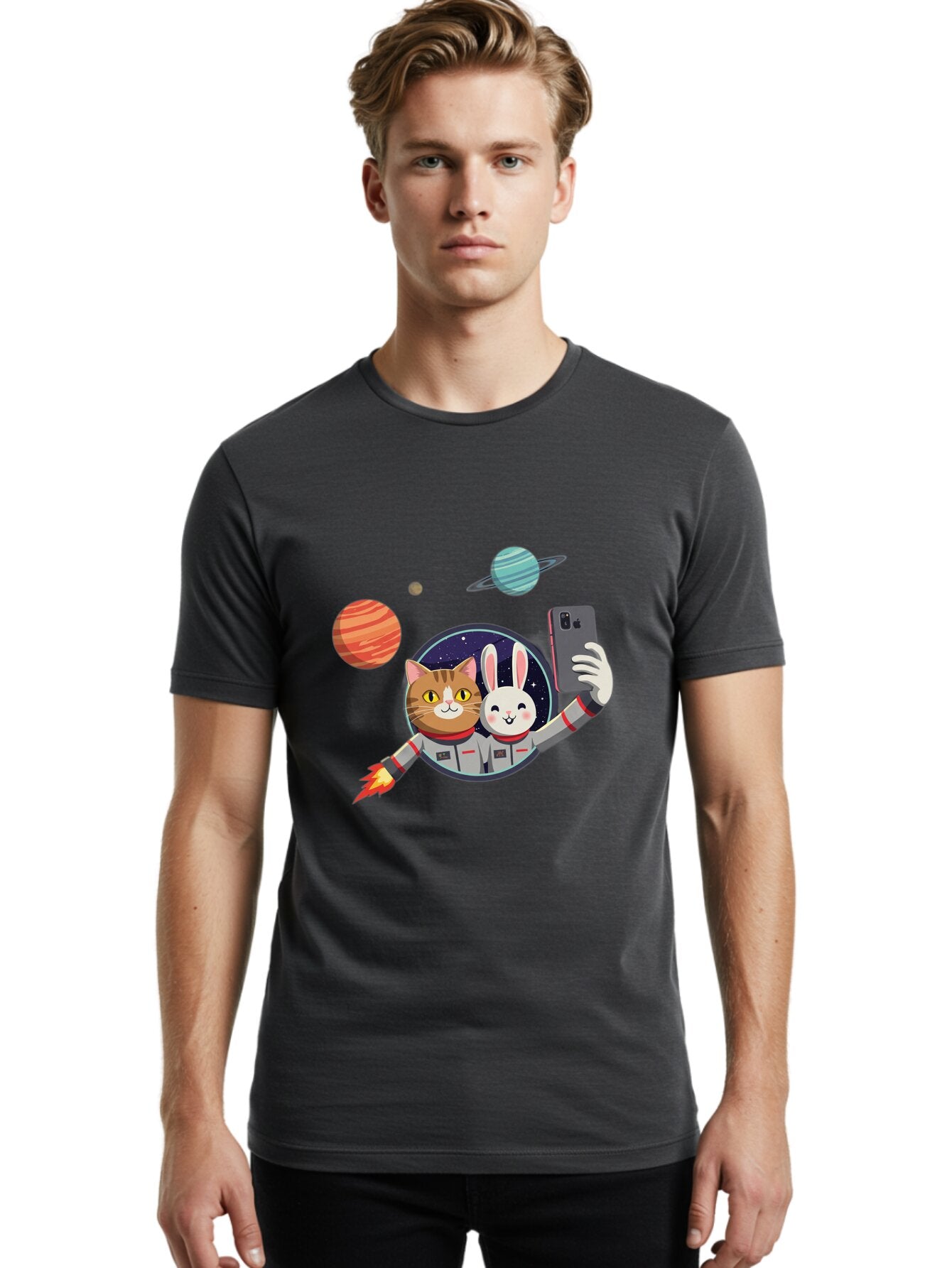 Cat-And-Rabbit-In-Space Men'S Graphic Tee, 100% Cotton, Comfortable Casual Summer Wear, Machine Washable, Vintage Camera, Old Camera, Antique Camera, Black Camera, Classic Photography, Photography Equipment, Nostalgic Device, Film Camera, Baq456 23