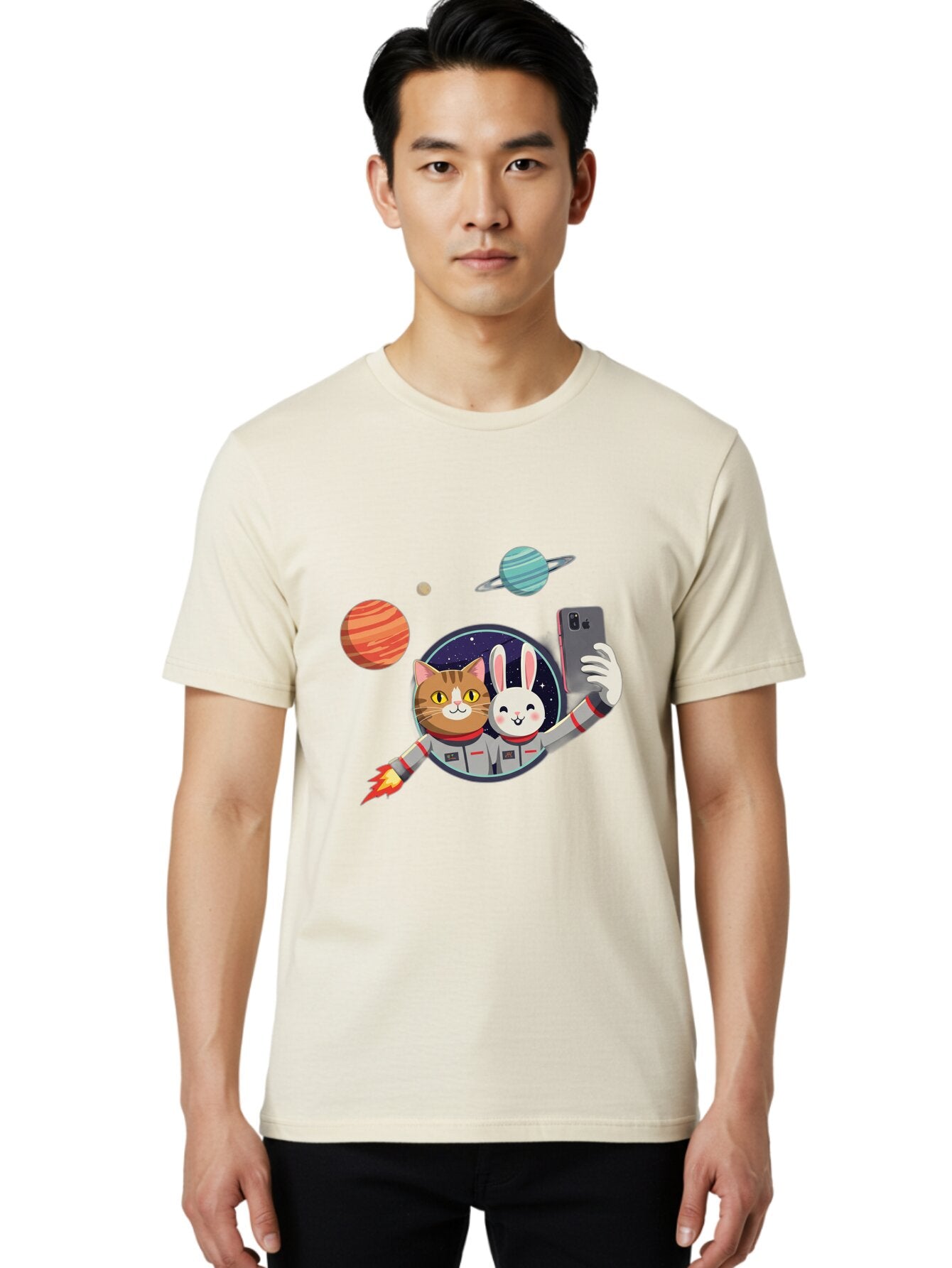 Cat-And-Rabbit-In-Space Men'S Graphic Tee, 100% Cotton, Comfortable Casual Summer Wear, Machine Washable, Vintage Camera, Old Camera, Antique Camera, Black Camera, Classic Photography, Photography Equipment, Nostalgic Device, Film Camera, Baq456 30