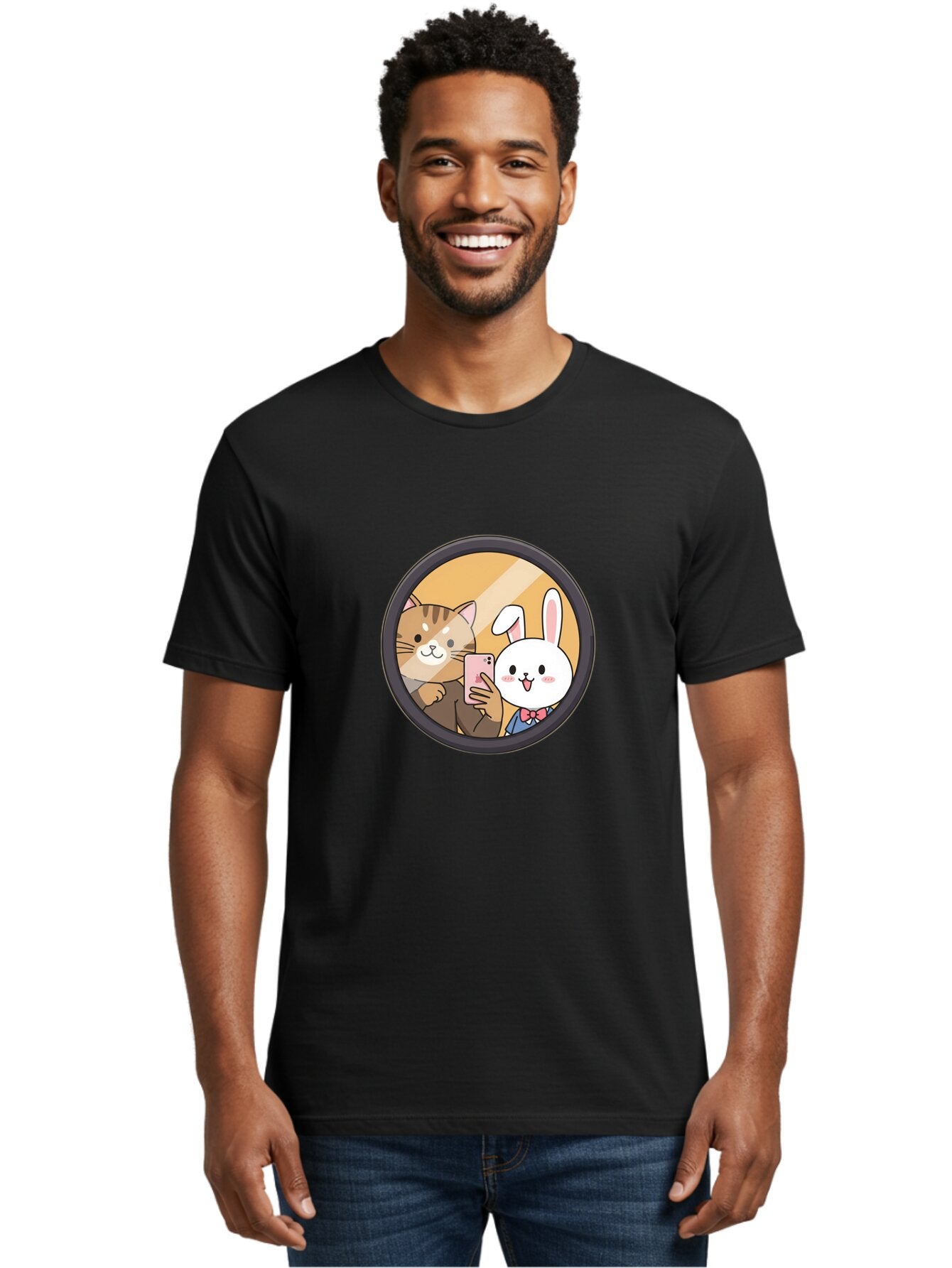 Cat-And-Rabbit-Selfie Men'S Graphic Tee, 100% Cotton, Comfortable Casual Summer Wear, Machine Washable, Vintage Camera, Old Camera, Antique Camera, Black Camera, Classic Photography, Photography Equipment, Nostalgic Device, Film Camera, Baq457 24