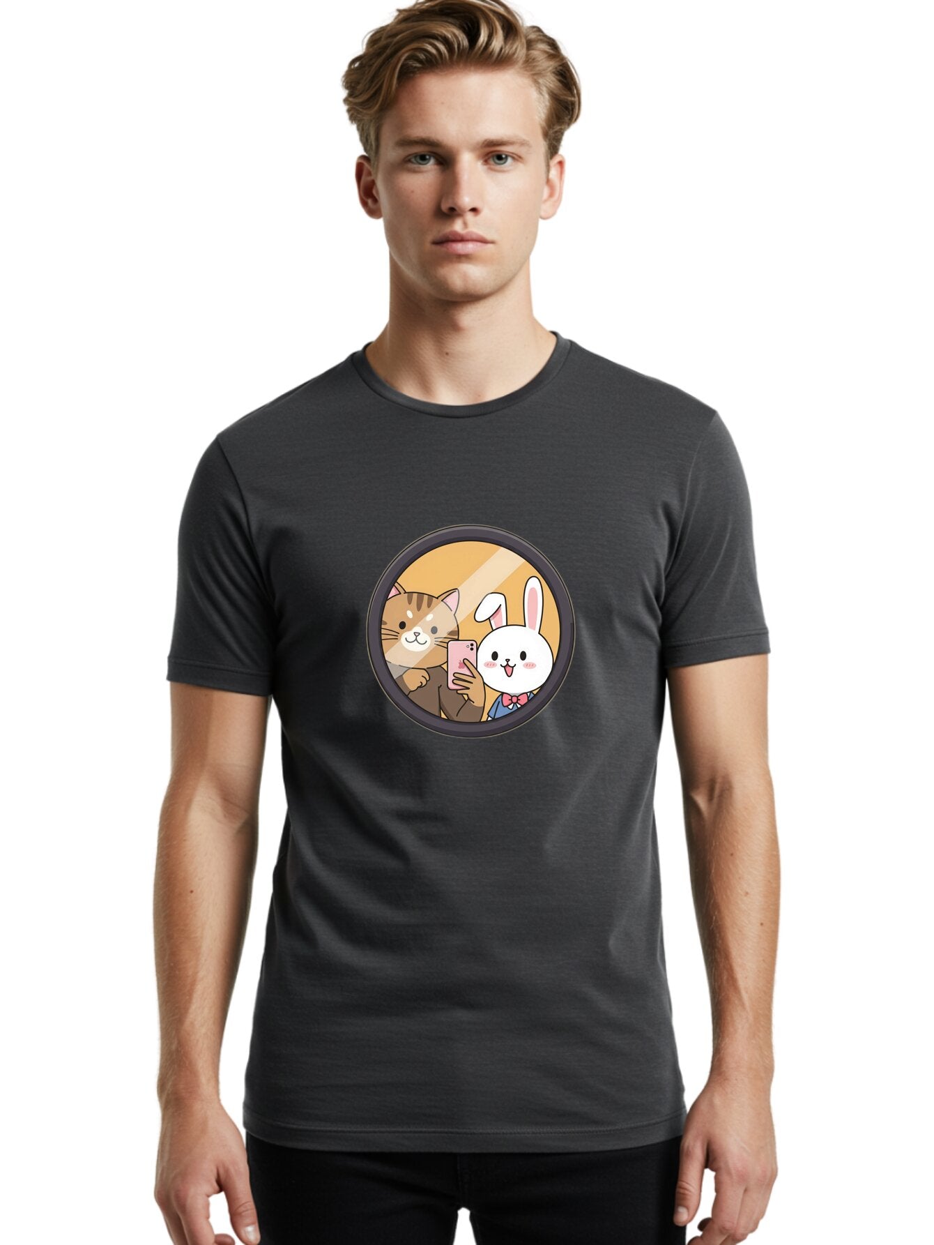 Cat-And-Rabbit-Selfie Men'S Graphic Tee, 100% Cotton, Comfortable Casual Summer Wear, Machine Washable, Vintage Camera, Old Camera, Antique Camera, Black Camera, Classic Photography, Photography Equipment, Nostalgic Device, Film Camera, Baq457 17