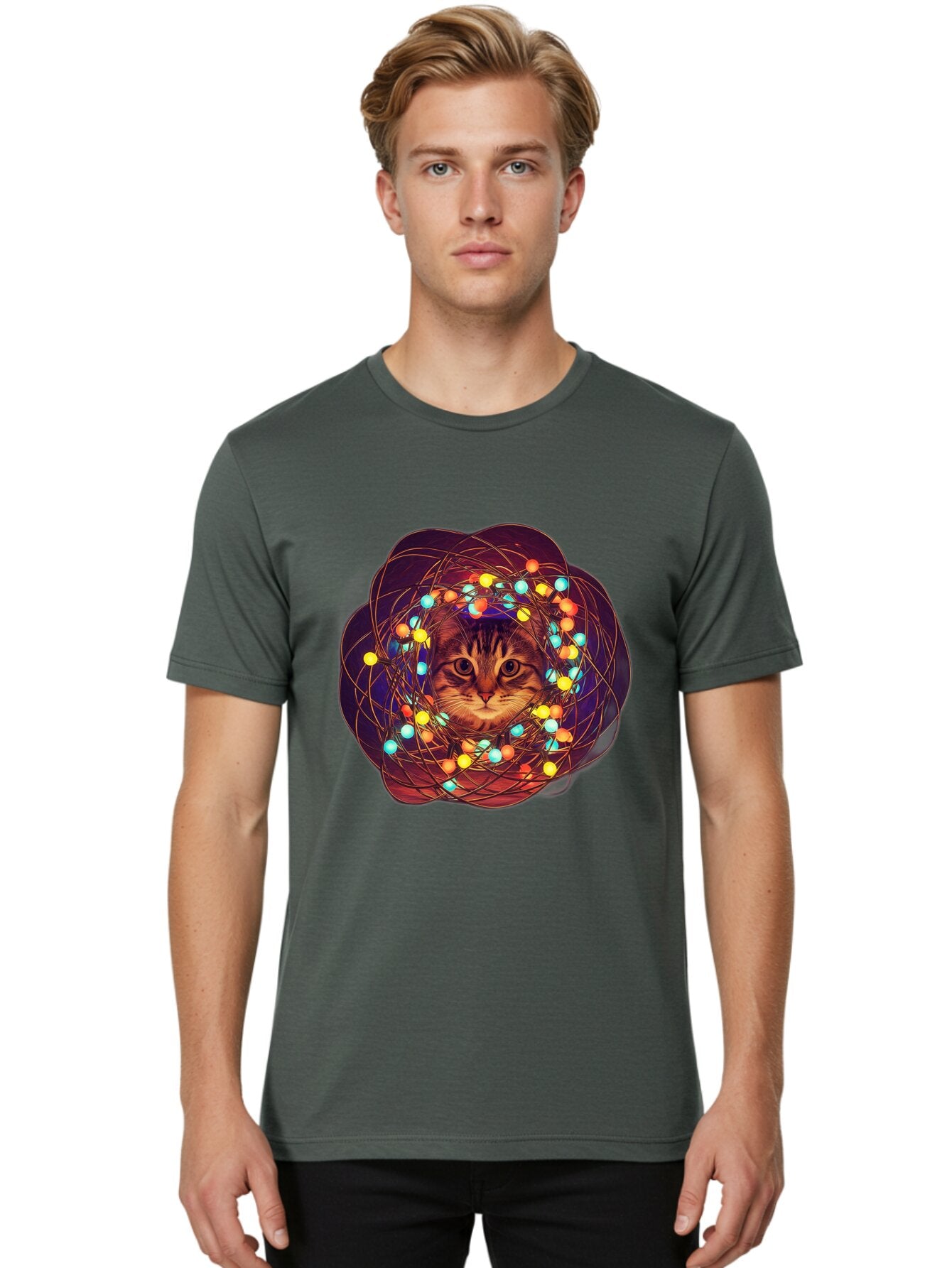 Cat-Entangled-In-Christmas-Lights Men'S Graphic Tee, 100% Cotton, Comfortable Casual Summer Wear, Machine Washable, Vintage Camera, Old Camera, Antique Camera, Black Camera, Classic Photography, Photography Equipment, Nostalgic Device, Baq460 23