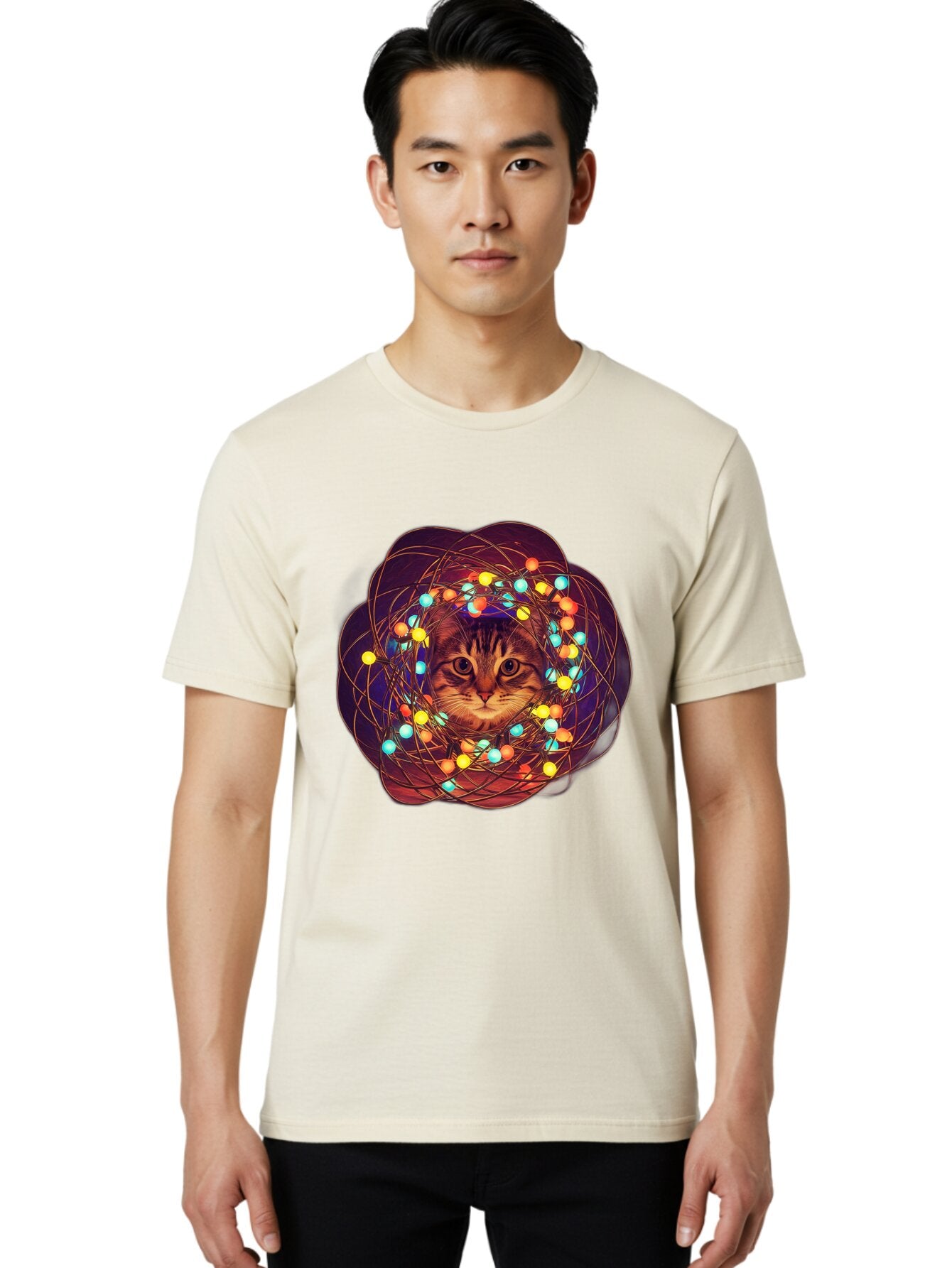 Cat-Entangled-In-Christmas-Lights Men'S Graphic Tee, 100% Cotton, Comfortable Casual Summer Wear, Machine Washable, Vintage Camera, Old Camera, Antique Camera, Black Camera, Classic Photography, Photography Equipment, Nostalgic Device, Baq460 30