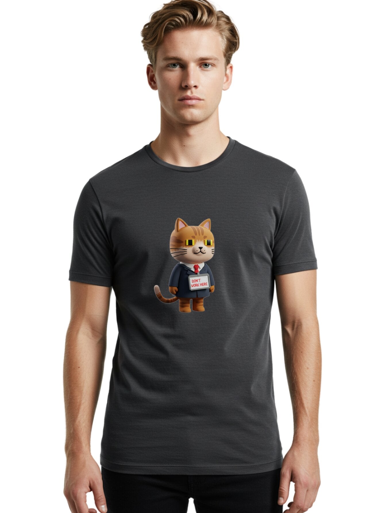 Cat-In-Suit-With-Don-T-Work-Here-Sign Men'S Graphic Tee, 100% Cotton, Comfortable Casual Summer Wear, Machine Washable, Vintage Camera, Old Camera, Antique Camera, Black Camera, Classic Photography, Photography Equipment, Nostalgic Device, Baq475 19