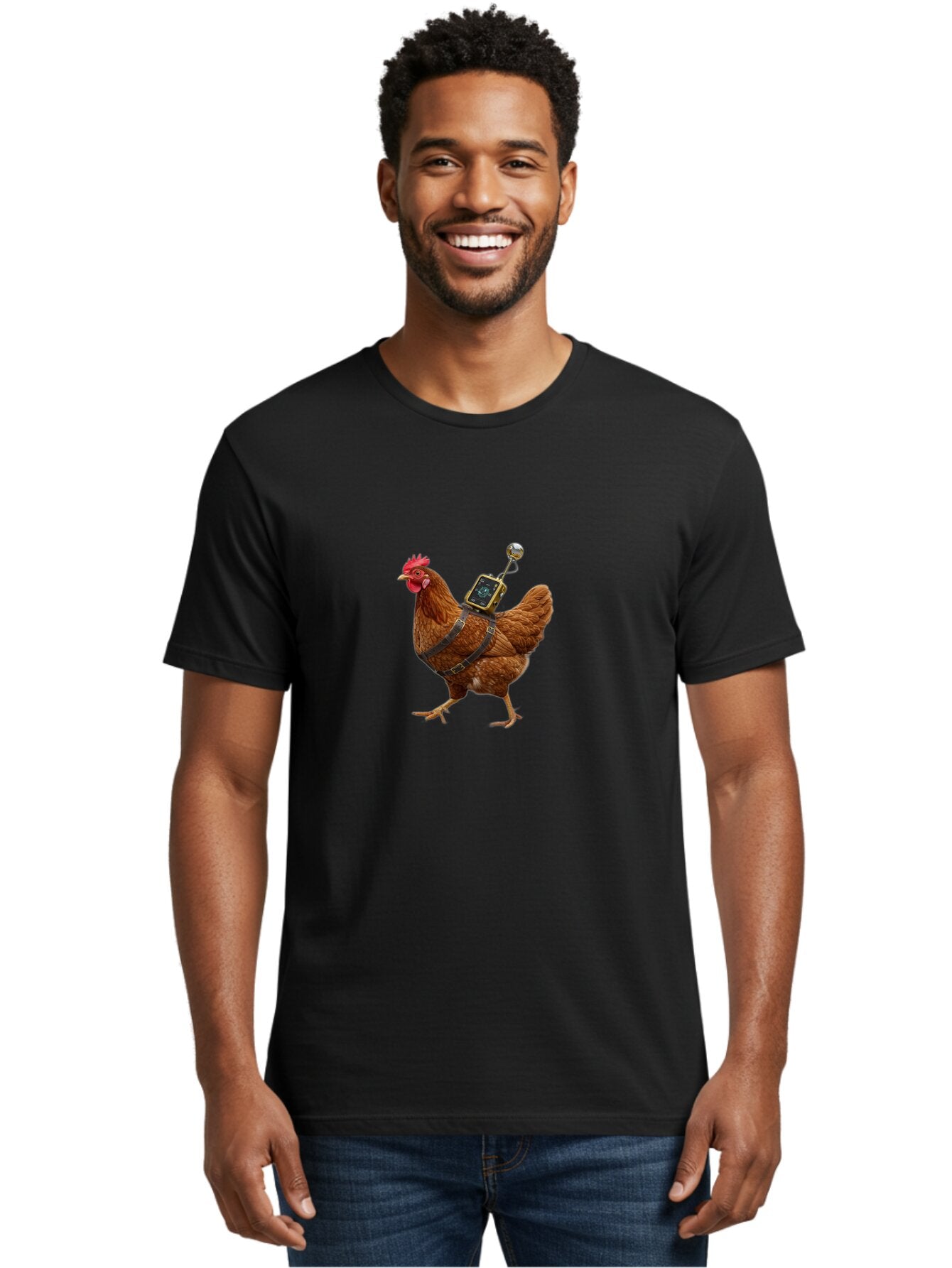 Chicken-With-Harness-And-Camera Men'S Graphic Tee, 100% Cotton, Comfortable Casual Summer Wear, Machine Washable, Vintage Camera, Old Camera, Antique Camera, Black Camera, Classic Photography, Photography Equipment, Nostalgic Device, Baq511 24