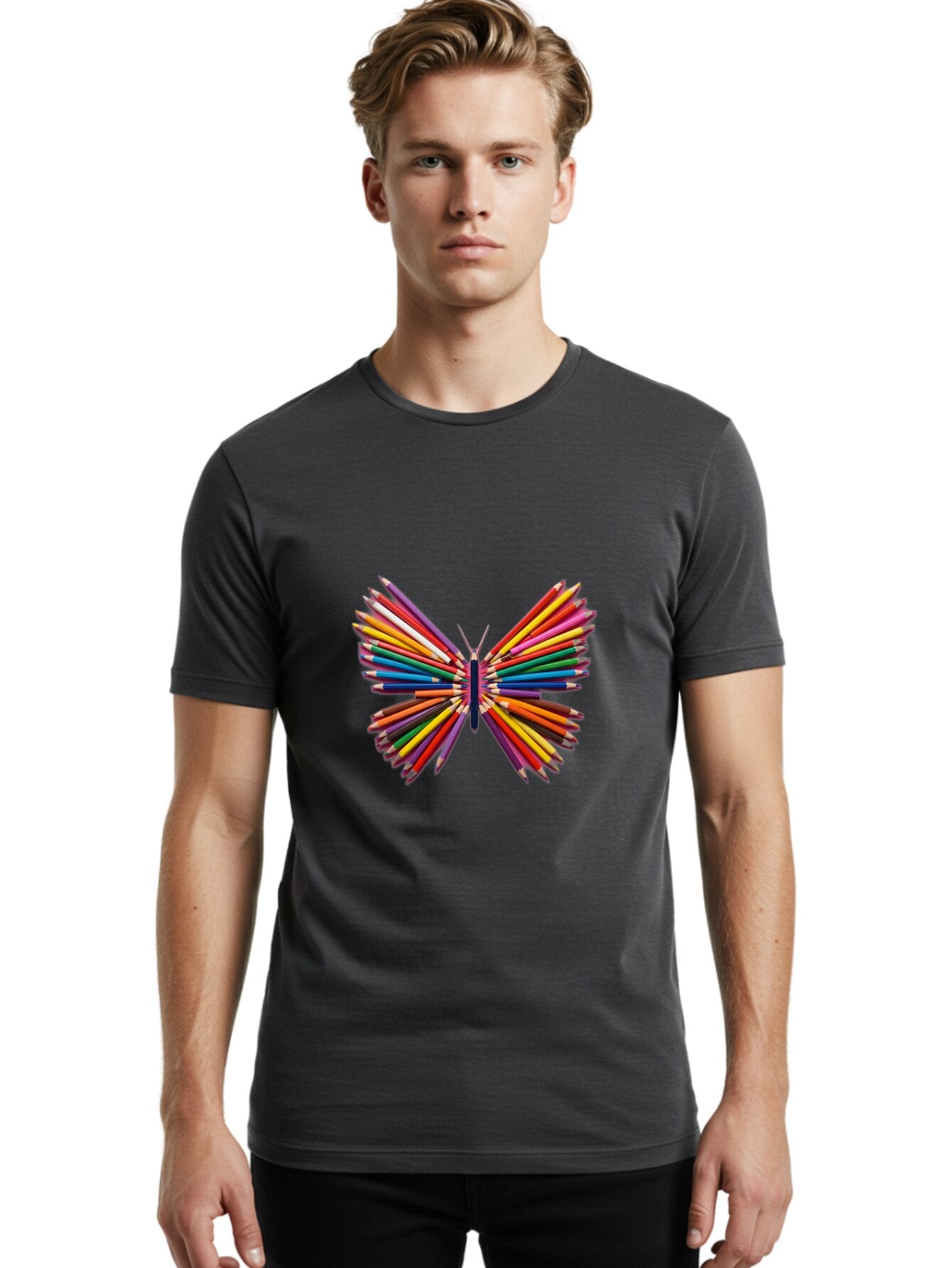 Colorful-Pencils-Butterfly Men'S Graphic Tee, 100% Cotton, Comfortable Casual Summer Wear, Machine Washable, Vintage Camera, Old Camera, Antique Camera, Black Camera, Classic Photography, Photography Equipment, Nostalgic Device, Film Camera, Baq567 24