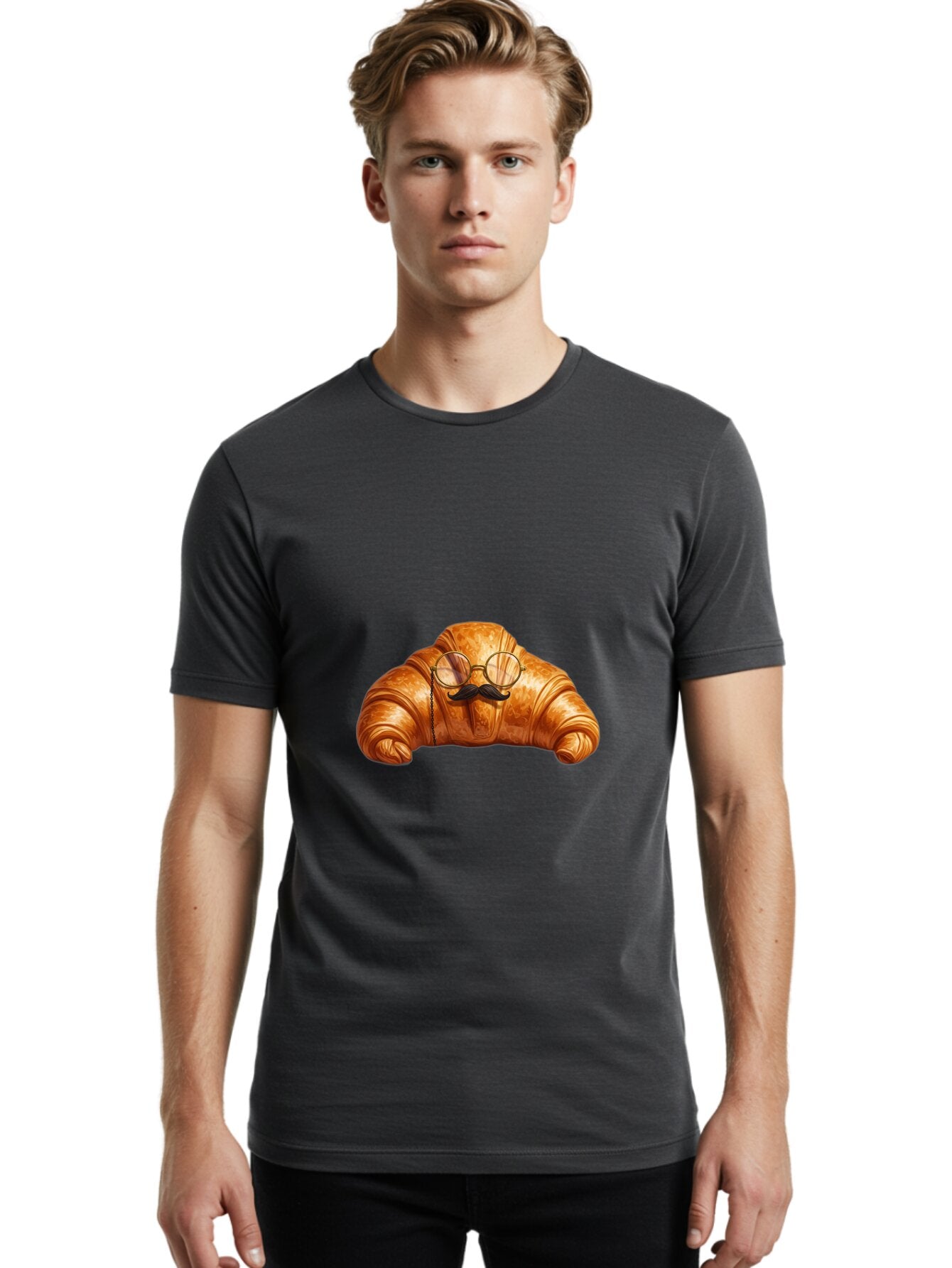 Croissant-With-Glasses-And-Mustache Men'S Graphic Tee, 100% Cotton, Comfortable Casual Summer Wear, Machine Washable, Vintage Camera, Old Camera, Antique Camera, Black Camera, Classic Photography, Photography Equipment, Nostalgic Device, Baq607 23
