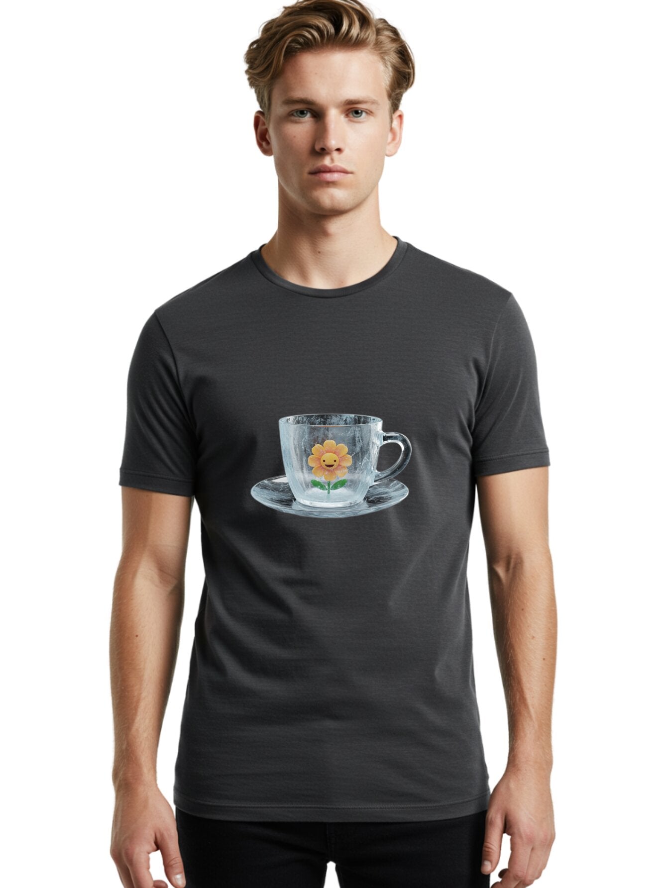 Cup-And-Saucer-With-Smiling-Sunflower Men'S Graphic Tee, 100% Cotton, Comfortable Casual Summer Wear, Machine Washable, Vintage Camera, Old Camera, Antique Camera, Black Camera, Classic Photography, Photography Equipment, Nostalgic Device, Baq635 28
