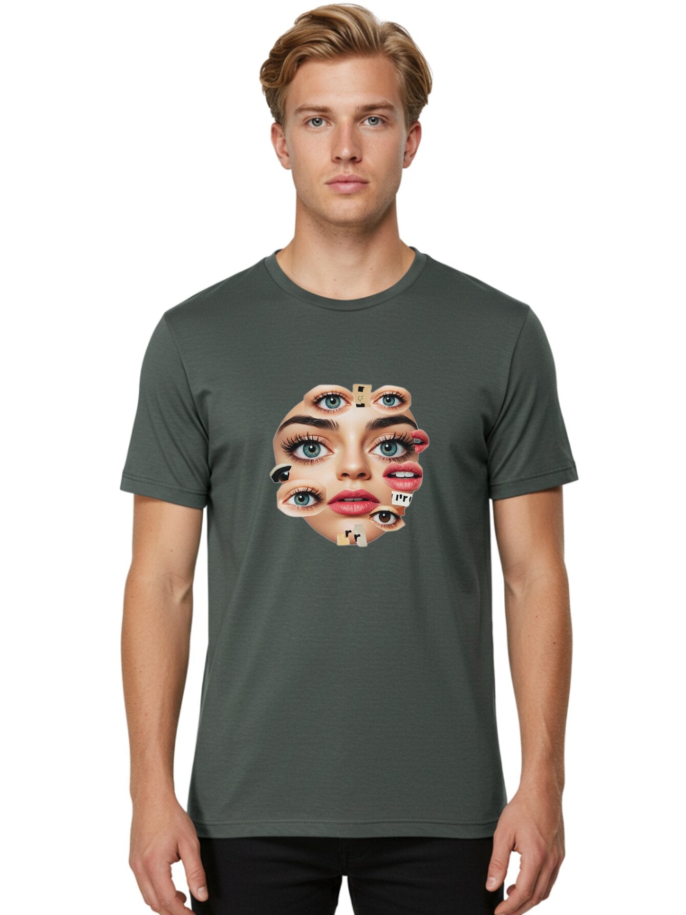 Facial-Features-Collage Men'S Graphic Tee, 100% Cotton, Comfortable Casual Summer Wear, Machine Washable, Vintage Camera, Old Camera, Antique Camera, Black Camera, Classic Photography, Photography Equipment, Nostalgic Device, Film Camera, Baq806 21