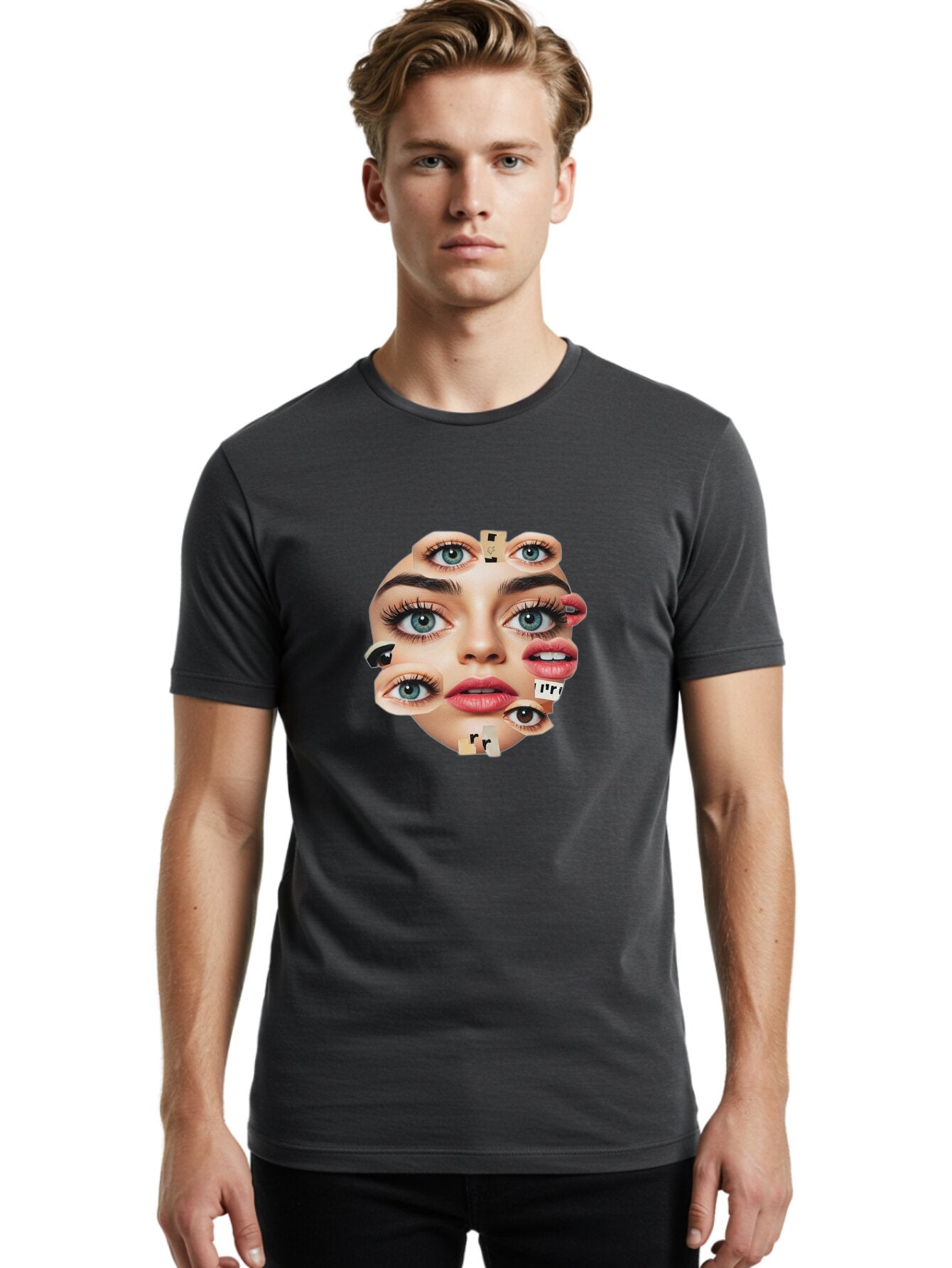 Facial-Features-Collage Men'S Graphic Tee, 100% Cotton, Comfortable Casual Summer Wear, Machine Washable, Vintage Camera, Old Camera, Antique Camera, Black Camera, Classic Photography, Photography Equipment, Nostalgic Device, Film Camera, Baq806 23