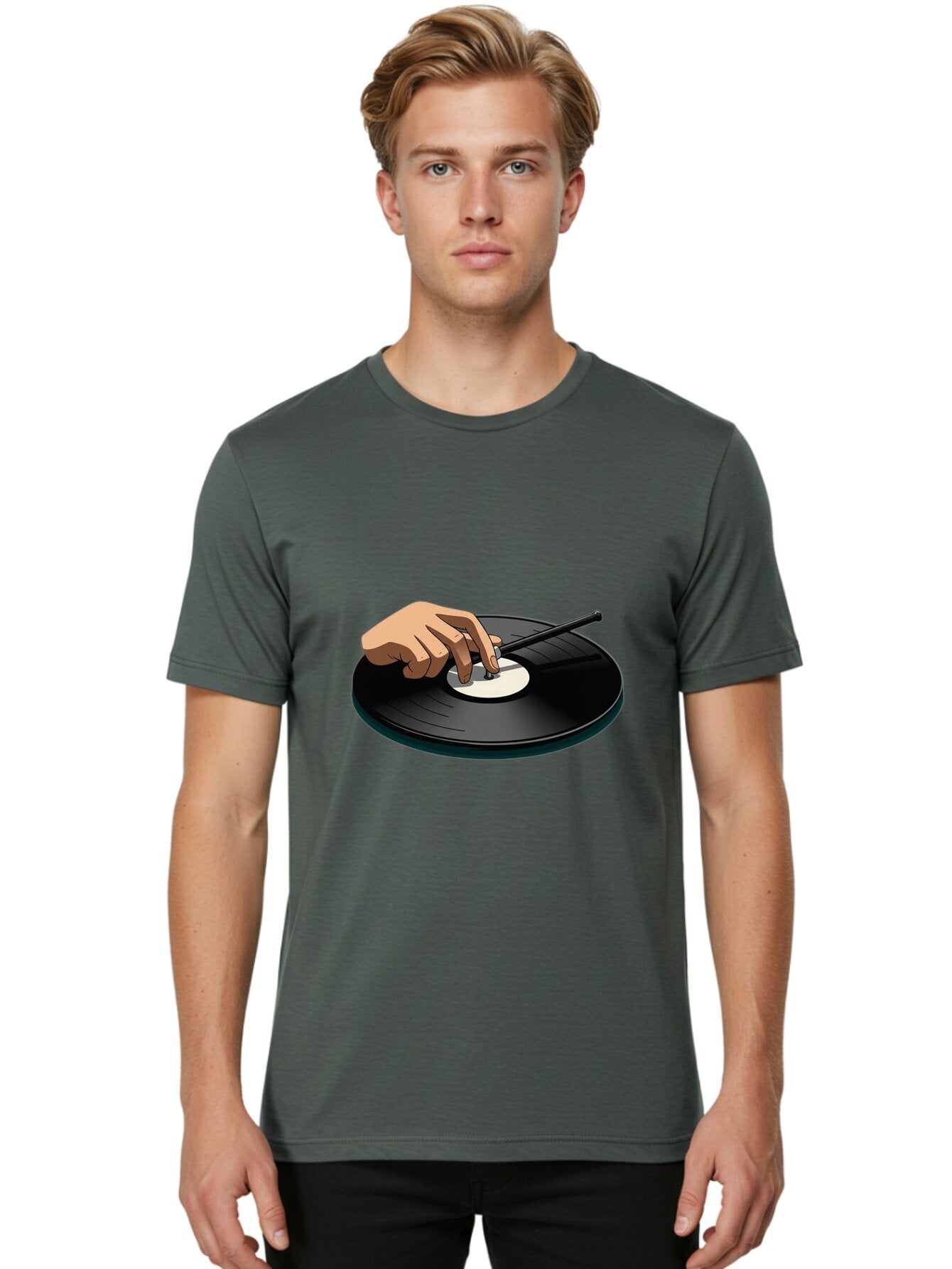 Hand-On-Vinyl-Record Men'S Graphic Tee, 100% Cotton, Comfortable Casual Summer Wear, Machine Washable, Vintage Camera, Old Camera, Antique Camera, Black Camera, Classic Photography, Photography Equipment, Nostalgic Device, Film Camera, Baq923 25
