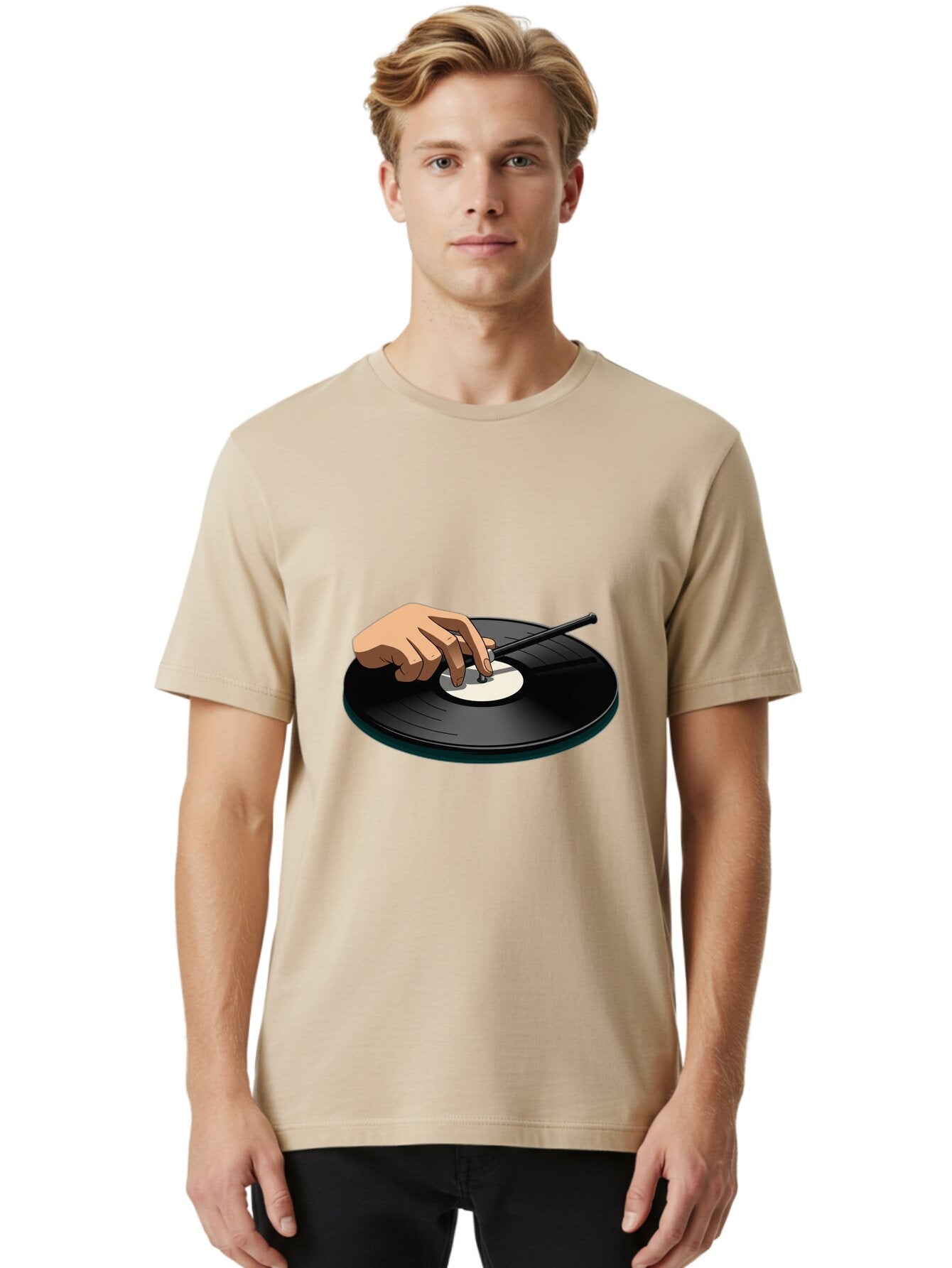 Hand-On-Vinyl-Record Men'S Graphic Tee, 100% Cotton, Comfortable Casual Summer Wear, Machine Washable, Vintage Camera, Old Camera, Antique Camera, Black Camera, Classic Photography, Photography Equipment, Nostalgic Device, Film Camera, Baq923 24