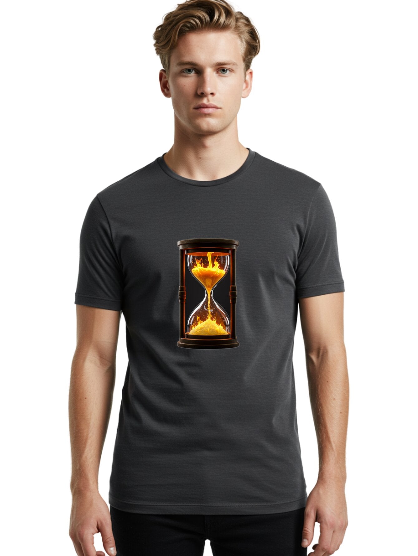 Hourglass-With-Flames Men'S Graphic Tee, 100% Cotton, Comfortable Casual Summer Wear, Machine Washable, Vintage Camera, Old Camera, Antique Camera, Black Camera, Classic Photography, Photography Equipment, Nostalgic Device, Film Camera, Baq975 24