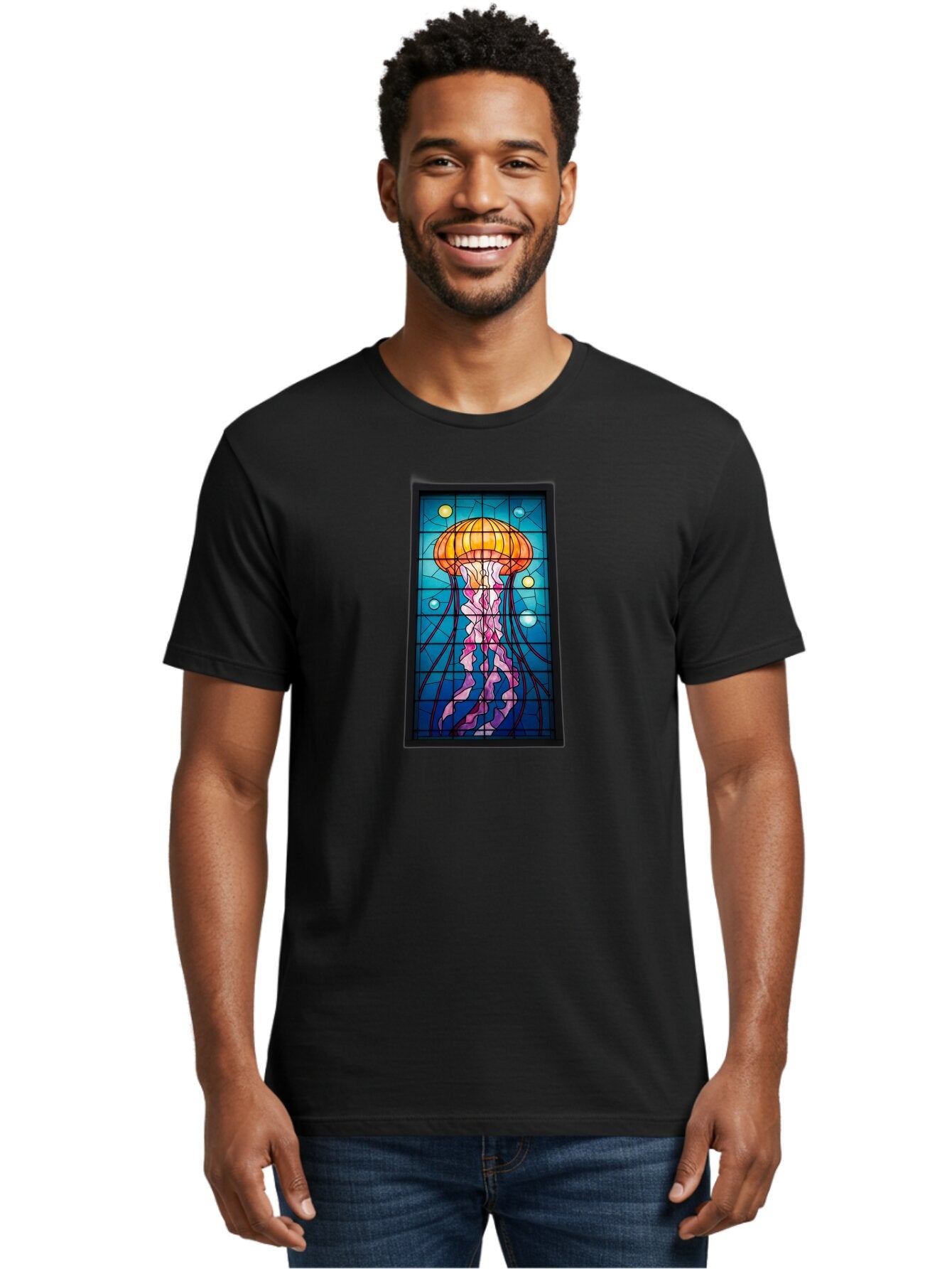 Jellyfish-Stained-Glass-Panel Men'S Graphic Tee, 100% Cotton, Comfortable Casual Summer Wear, Machine Washable, Vintage Camera, Old Camera, Antique Camera, Black Camera, Classic Photography, Photography Equipment, Nostalgic Device, Bar016 28