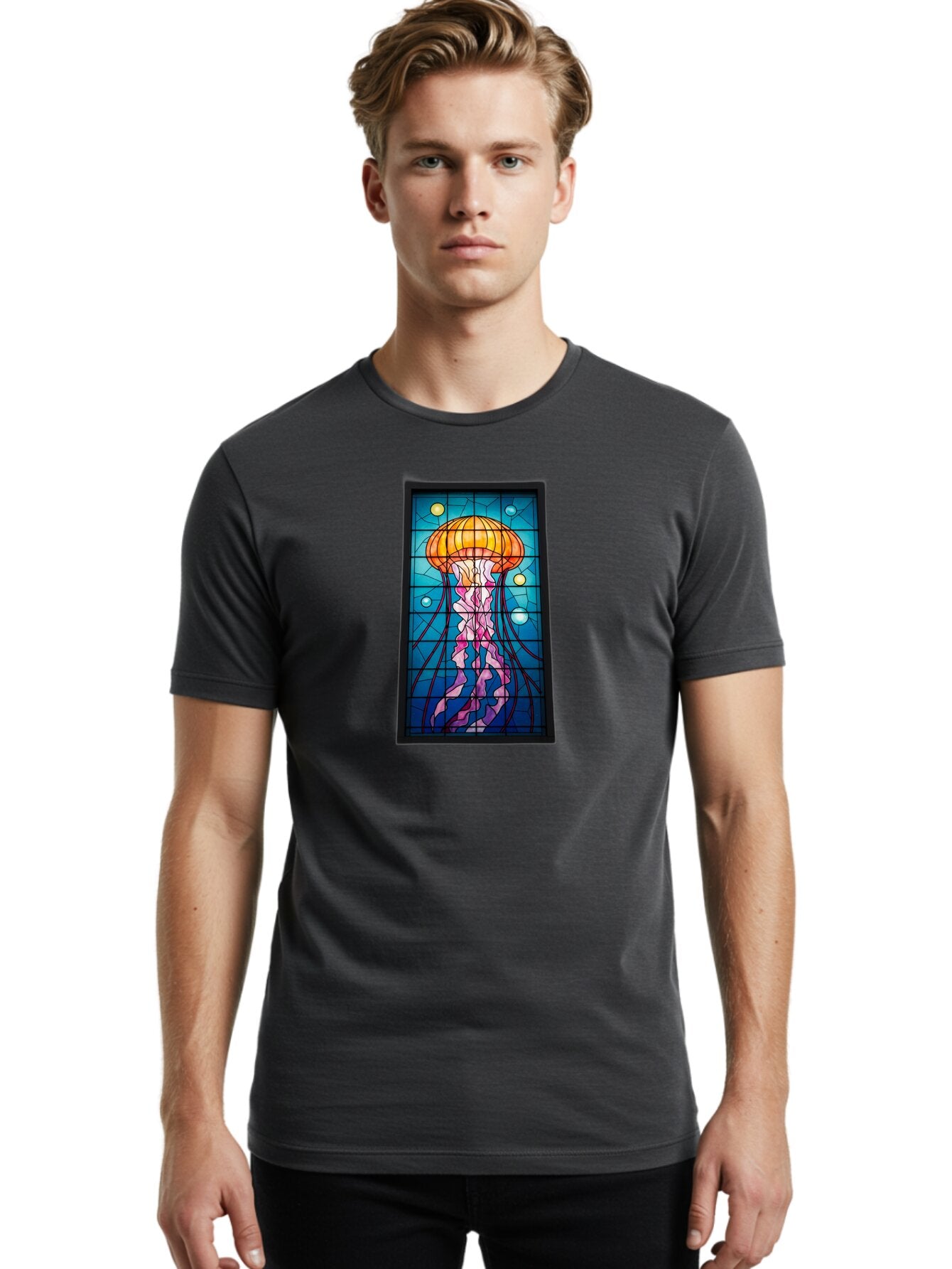 Jellyfish-Stained-Glass-Panel Men'S Graphic Tee, 100% Cotton, Comfortable Casual Summer Wear, Machine Washable, Vintage Camera, Old Camera, Antique Camera, Black Camera, Classic Photography, Photography Equipment, Nostalgic Device, Bar016 29