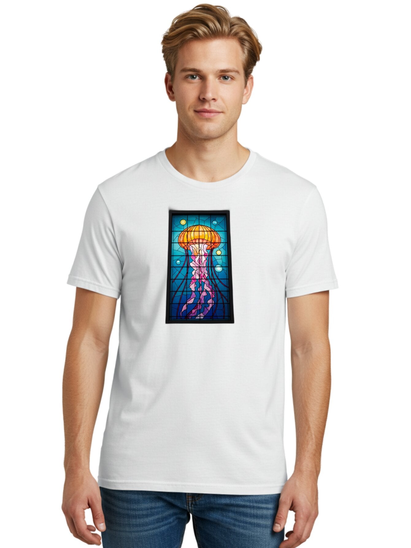 Jellyfish-Stained-Glass-Panel Men'S Graphic Tee, 100% Cotton, Comfortable Casual Summer Wear, Machine Washable, Vintage Camera, Old Camera, Antique Camera, Black Camera, Classic Photography, Photography Equipment, Nostalgic Device, Bar016 25