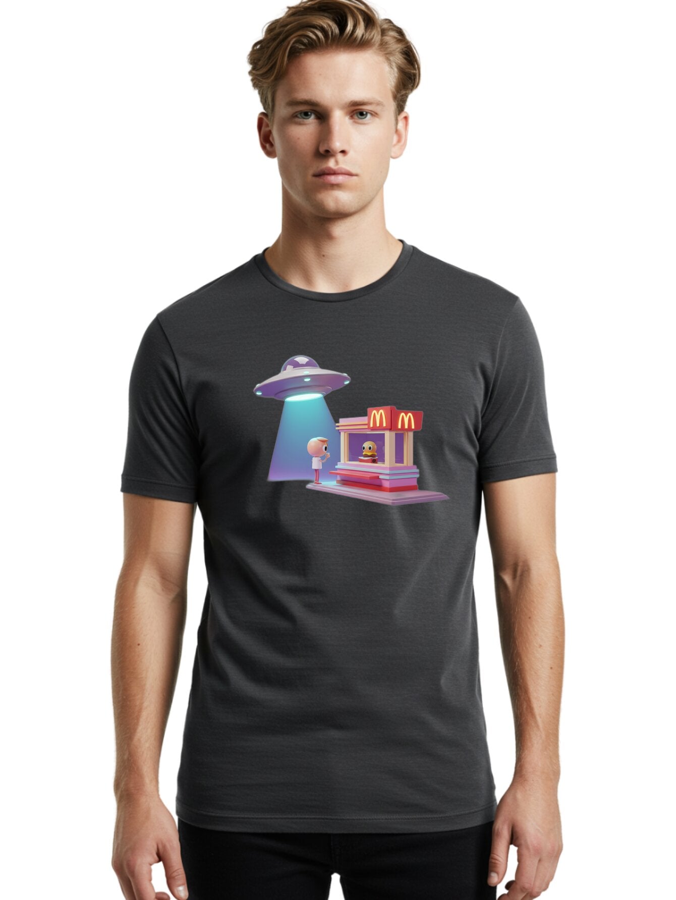 Mcdonald-S-Ufo Men'S Graphic Tee, 100% Cotton, Comfortable Casual Summer Wear, Machine Washable, Vintage Camera, Old Camera, Antique Camera, Black Camera, Classic Photography, Photography Equipment, Nostalgic Device, Film Camera, Camera Art Bar130 30