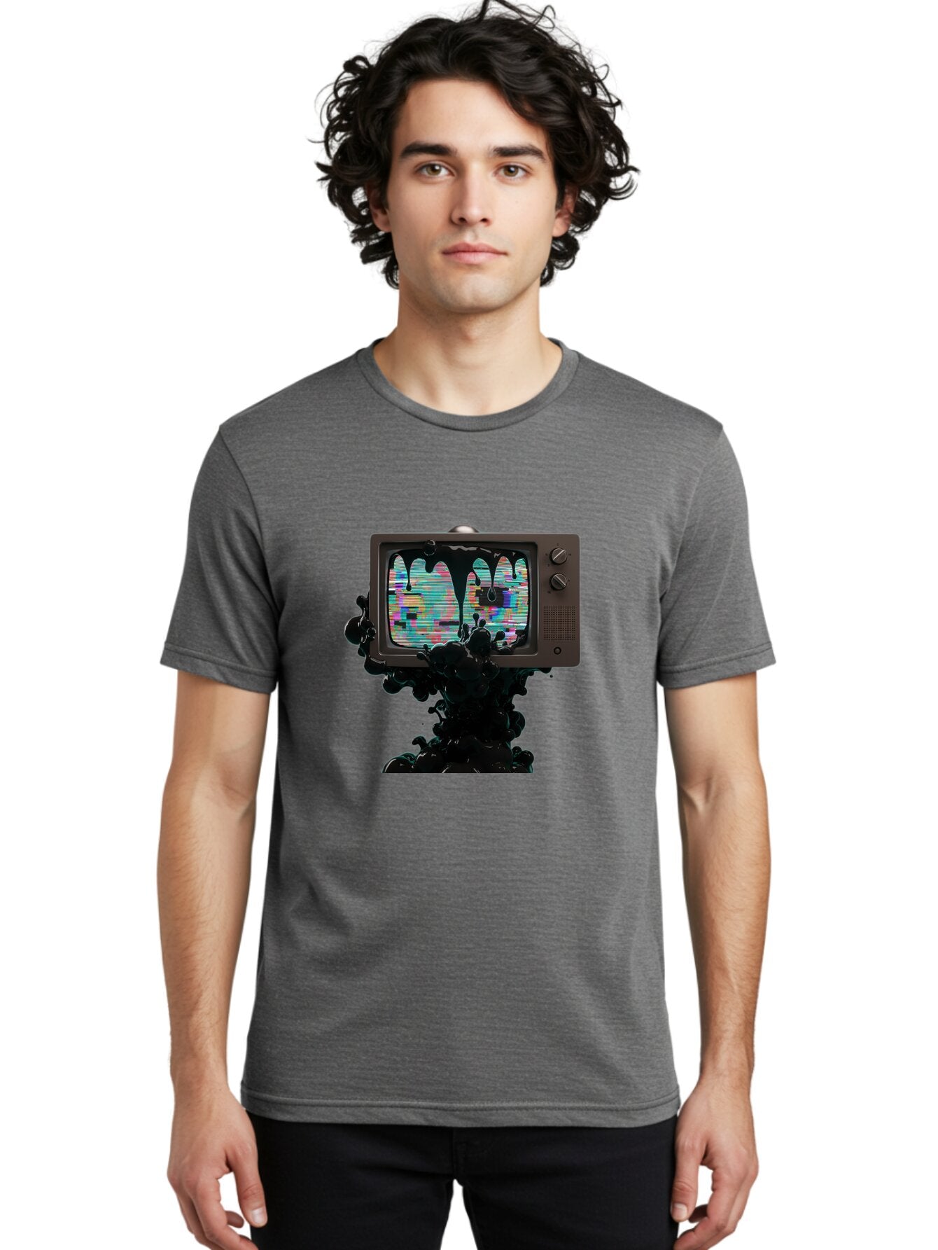 Melting-Tv-1 Men'S Graphic Tee, 100% Cotton, Comfortable Casual Summer Wear, Machine Washable, Vintage Camera, Old Camera, Antique Camera, Black Camera, Classic Photography, Photography Equipment, Nostalgic Device, Film Camera, Camera Art Bar145 18