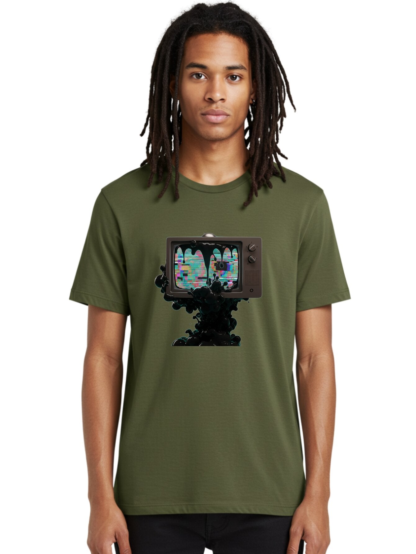 Melting-Tv-1 Men'S Graphic Tee, 100% Cotton, Comfortable Casual Summer Wear, Machine Washable, Vintage Camera, Old Camera, Antique Camera, Black Camera, Classic Photography, Photography Equipment, Nostalgic Device, Film Camera, Camera Art Bar145 29