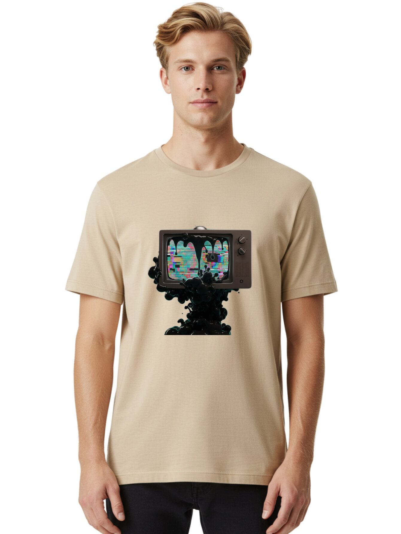 Melting-Tv-1 Men'S Graphic Tee, 100% Cotton, Comfortable Casual Summer Wear, Machine Washable, Vintage Camera, Old Camera, Antique Camera, Black Camera, Classic Photography, Photography Equipment, Nostalgic Device, Film Camera, Camera Art Bar145 17