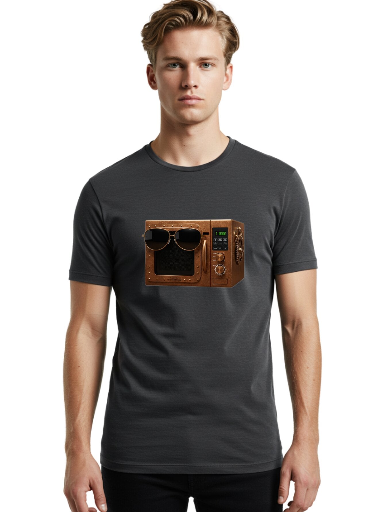 Microwave-With-Sunglasses-2 Men'S Graphic Tee, 100% Cotton, Comfortable Casual Summer Wear, Machine Washable, Vintage Camera, Old Camera, Antique Camera, Black Camera, Classic Photography, Photography Equipment, Nostalgic Device, Film Camera, Bar160 30