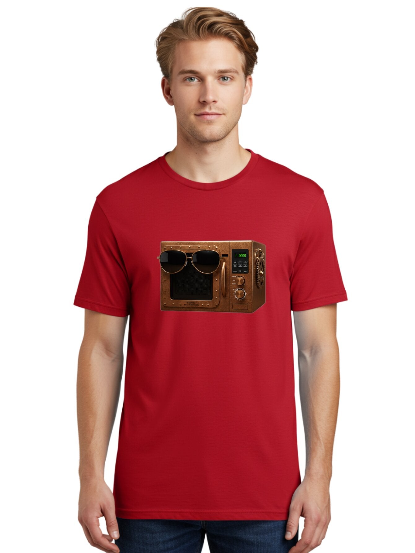 Microwave-With-Sunglasses-2 Men'S Graphic Tee, 100% Cotton, Comfortable Casual Summer Wear, Machine Washable, Vintage Camera, Old Camera, Antique Camera, Black Camera, Classic Photography, Photography Equipment, Nostalgic Device, Film Camera, Bar160 17