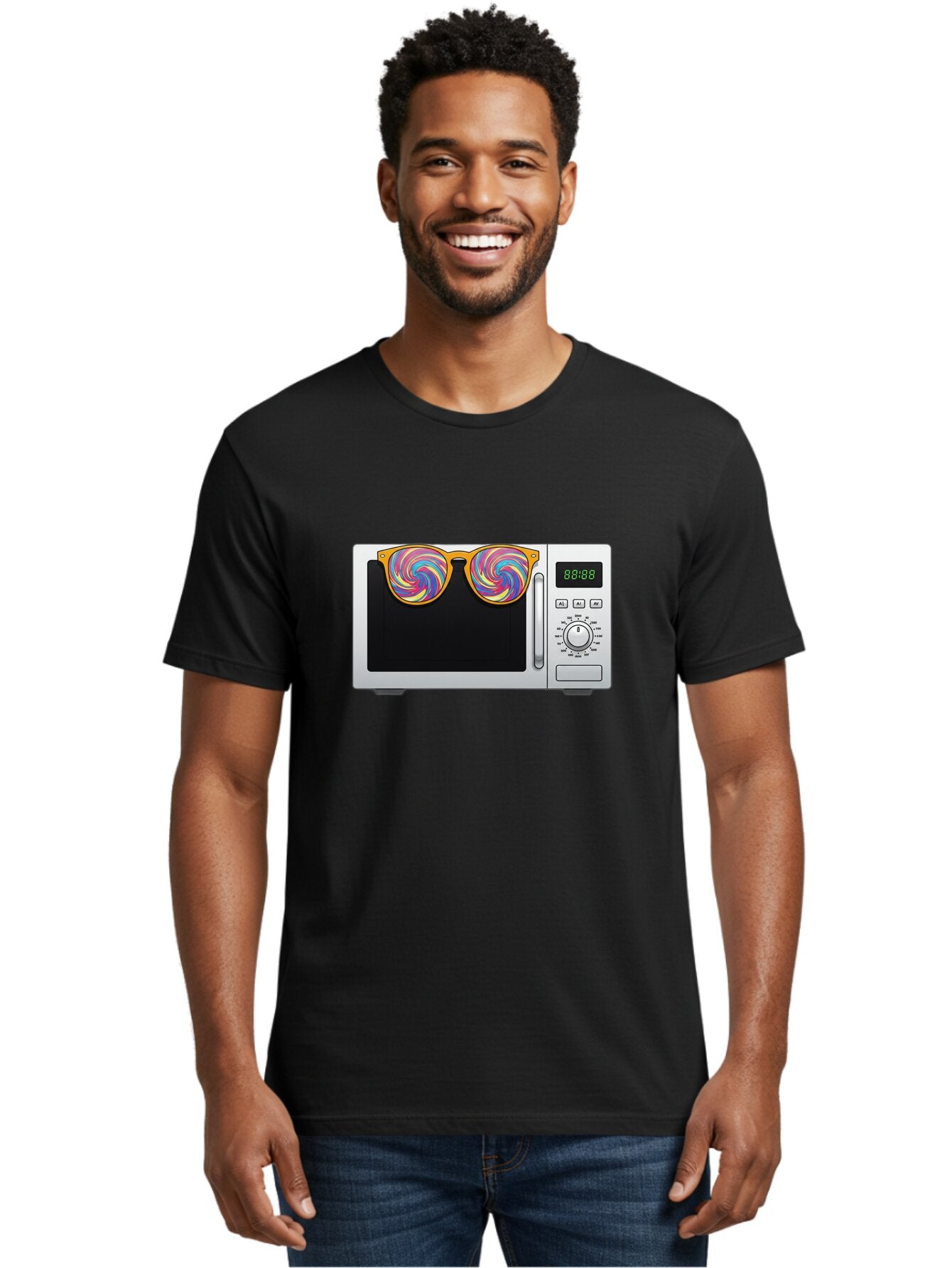 Microwave-With-Sunglasses-3 Men'S Graphic Tee, 100% Cotton, Comfortable Casual Summer Wear, Machine Washable, Vintage Camera, Old Camera, Antique Camera, Black Camera, Classic Photography, Photography Equipment, Nostalgic Device, Film Camera, Bar161 30