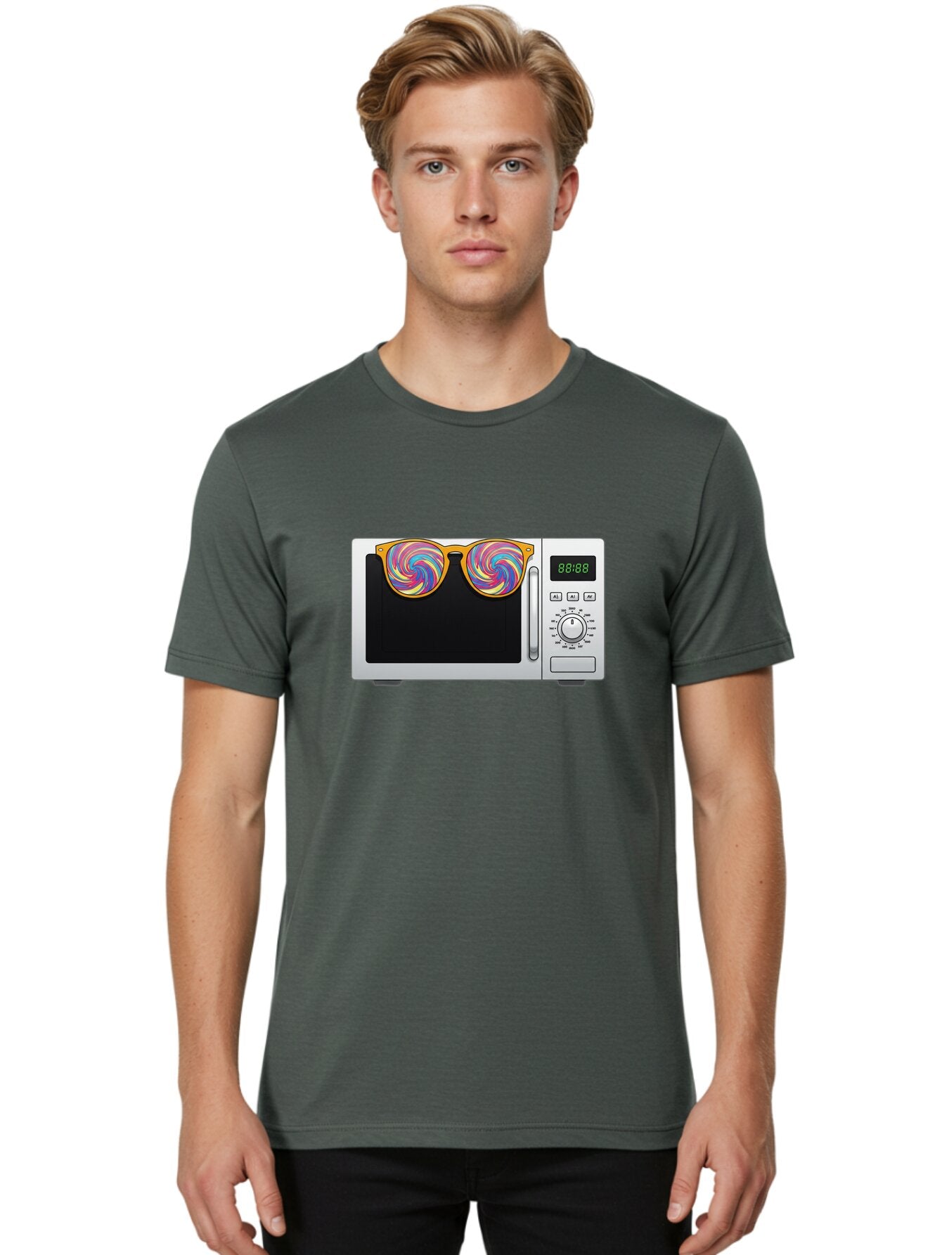 Microwave-With-Sunglasses-3 Men'S Graphic Tee, 100% Cotton, Comfortable Casual Summer Wear, Machine Washable, Vintage Camera, Old Camera, Antique Camera, Black Camera, Classic Photography, Photography Equipment, Nostalgic Device, Film Camera, Bar161 21