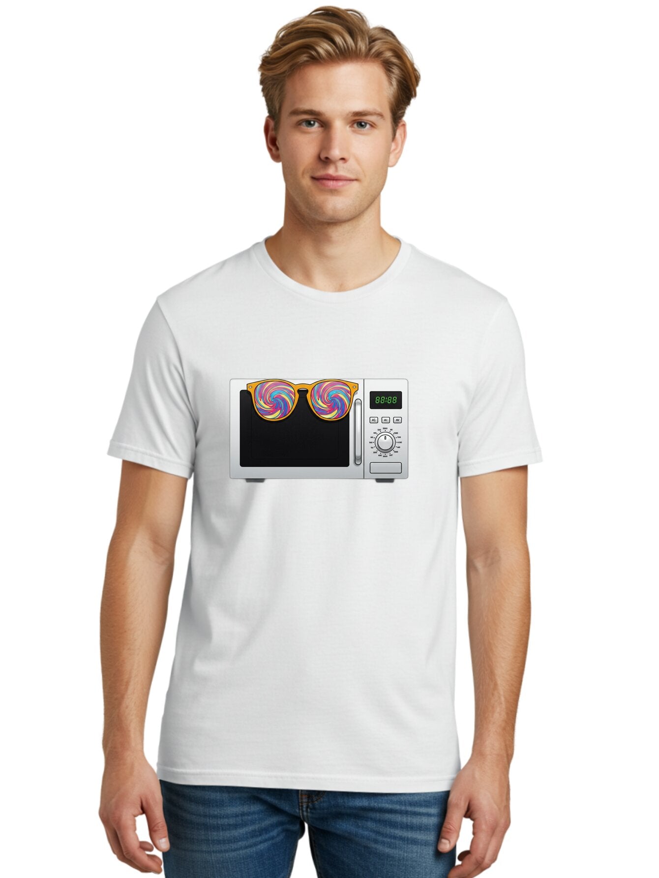 Microwave-With-Sunglasses-3 Men'S Graphic Tee, 100% Cotton, Comfortable Casual Summer Wear, Machine Washable, Vintage Camera, Old Camera, Antique Camera, Black Camera, Classic Photography, Photography Equipment, Nostalgic Device, Film Camera, Bar161 16