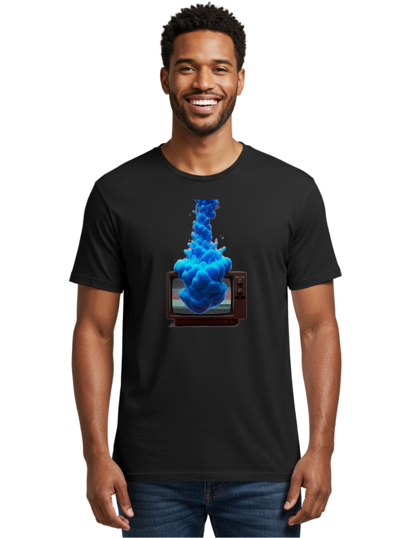 Old-Tv-With-Blue-Splash Men'S Graphic Tee, 100% Cotton, Comfortable Casual Summer Wear, Machine Washable, Vintage Camera, Old Camera, Antique Camera, Black Camera, Classic Photography, Photography Equipment, Nostalgic Device, Film Camera, Bar224 30