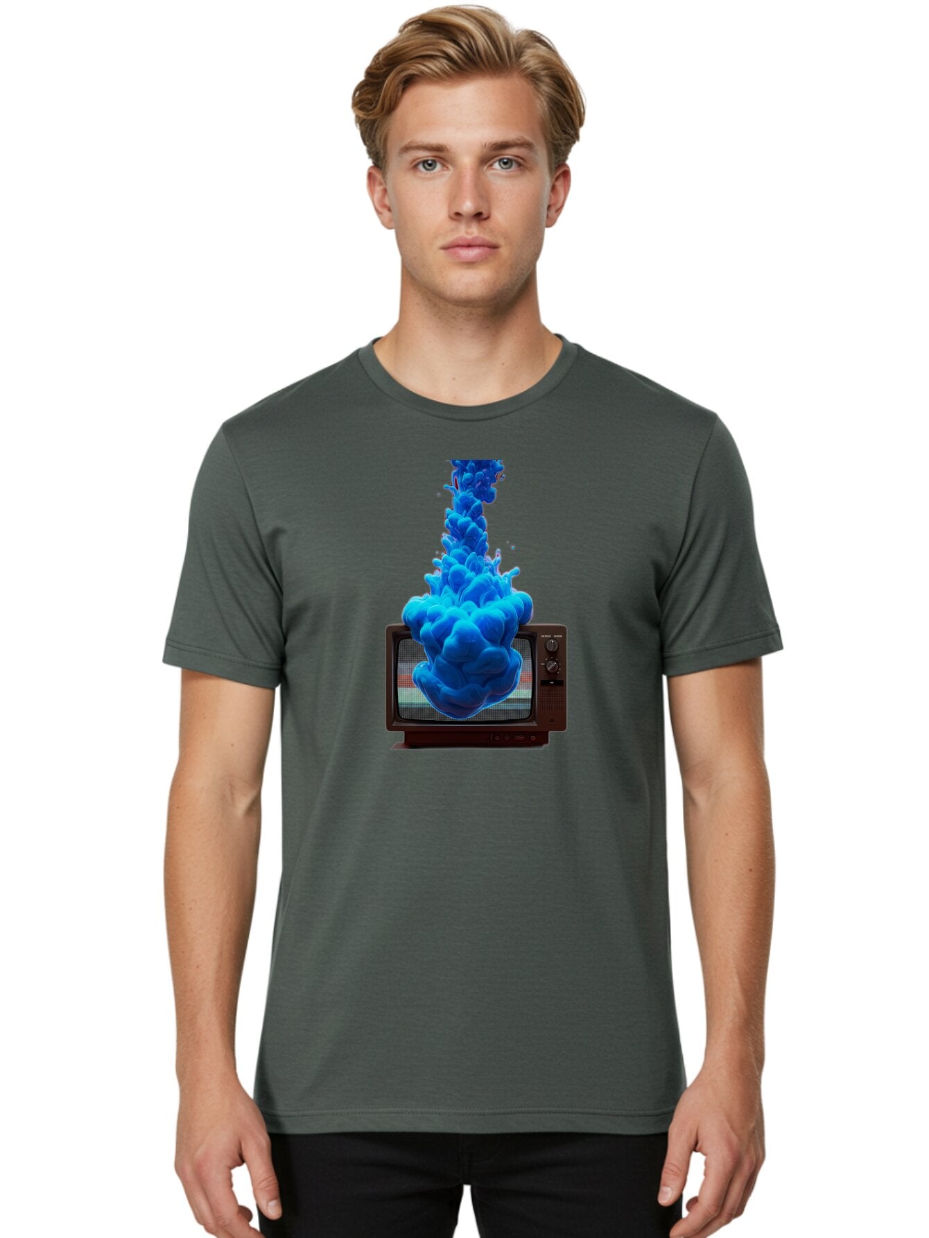 Old-Tv-With-Blue-Splash Men'S Graphic Tee, 100% Cotton, Comfortable Casual Summer Wear, Machine Washable, Vintage Camera, Old Camera, Antique Camera, Black Camera, Classic Photography, Photography Equipment, Nostalgic Device, Film Camera, Bar224 18