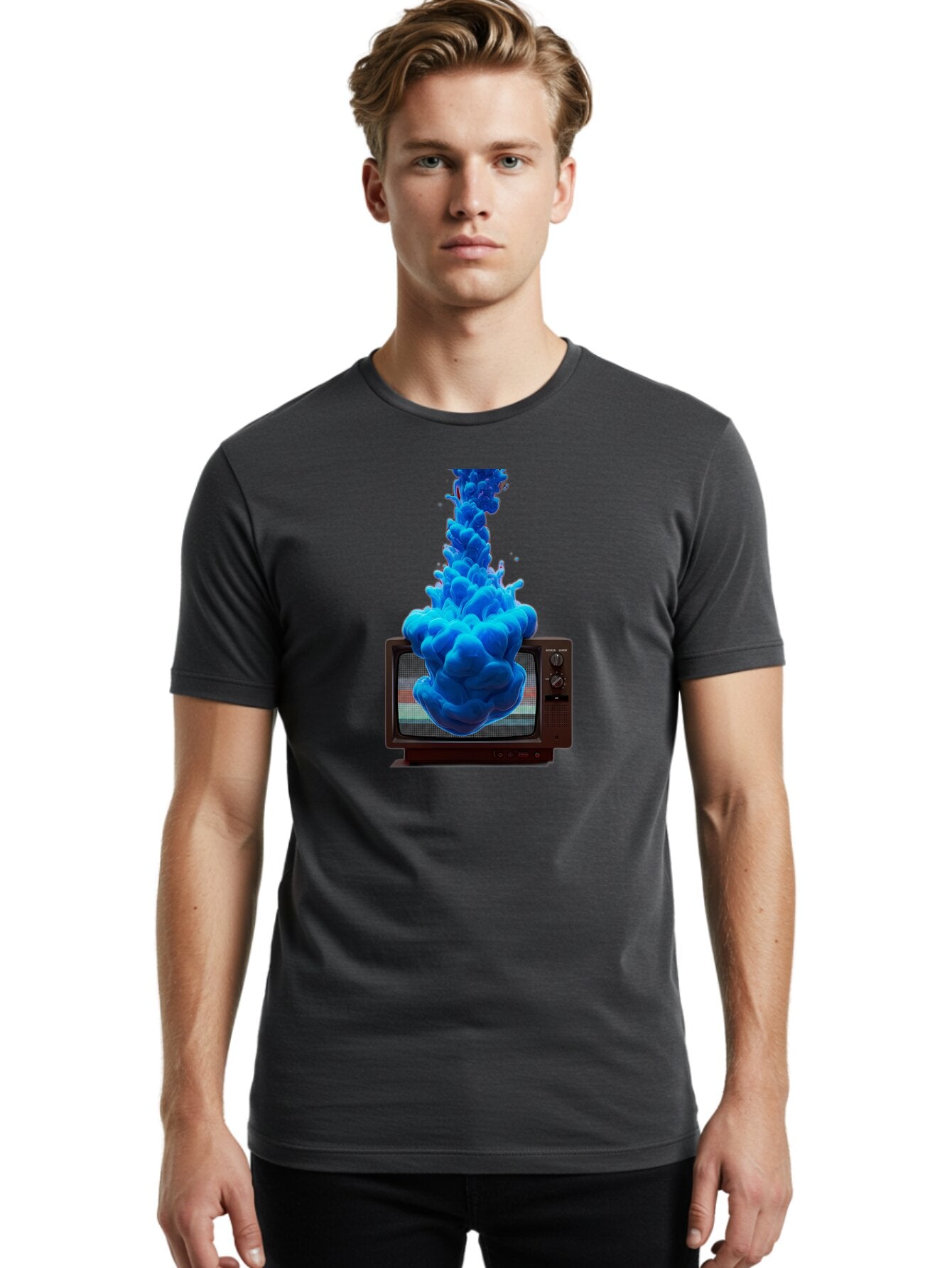 Old-Tv-With-Blue-Splash Men'S Graphic Tee, 100% Cotton, Comfortable Casual Summer Wear, Machine Washable, Vintage Camera, Old Camera, Antique Camera, Black Camera, Classic Photography, Photography Equipment, Nostalgic Device, Film Camera, Bar224 26