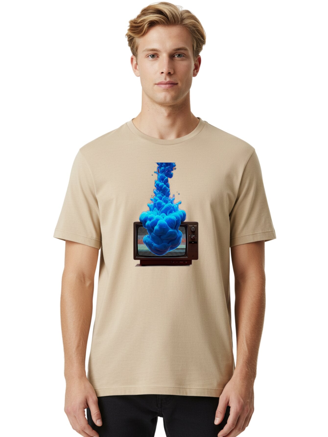 Old-Tv-With-Blue-Splash Men'S Graphic Tee, 100% Cotton, Comfortable Casual Summer Wear, Machine Washable, Vintage Camera, Old Camera, Antique Camera, Black Camera, Classic Photography, Photography Equipment, Nostalgic Device, Film Camera, Bar224 21