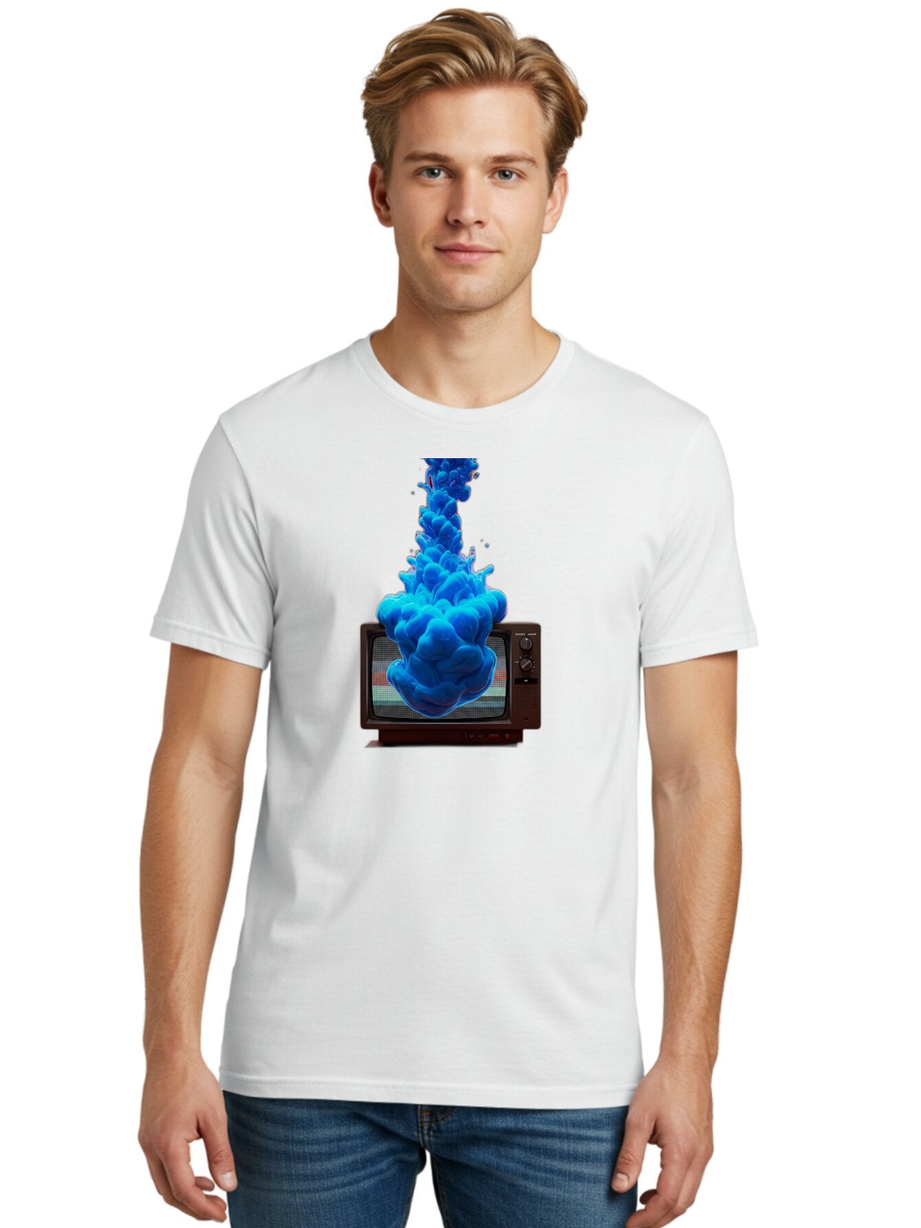 Old-Tv-With-Blue-Splash Men'S Graphic Tee, 100% Cotton, Comfortable Casual Summer Wear, Machine Washable, Vintage Camera, Old Camera, Antique Camera, Black Camera, Classic Photography, Photography Equipment, Nostalgic Device, Film Camera, Bar224 19