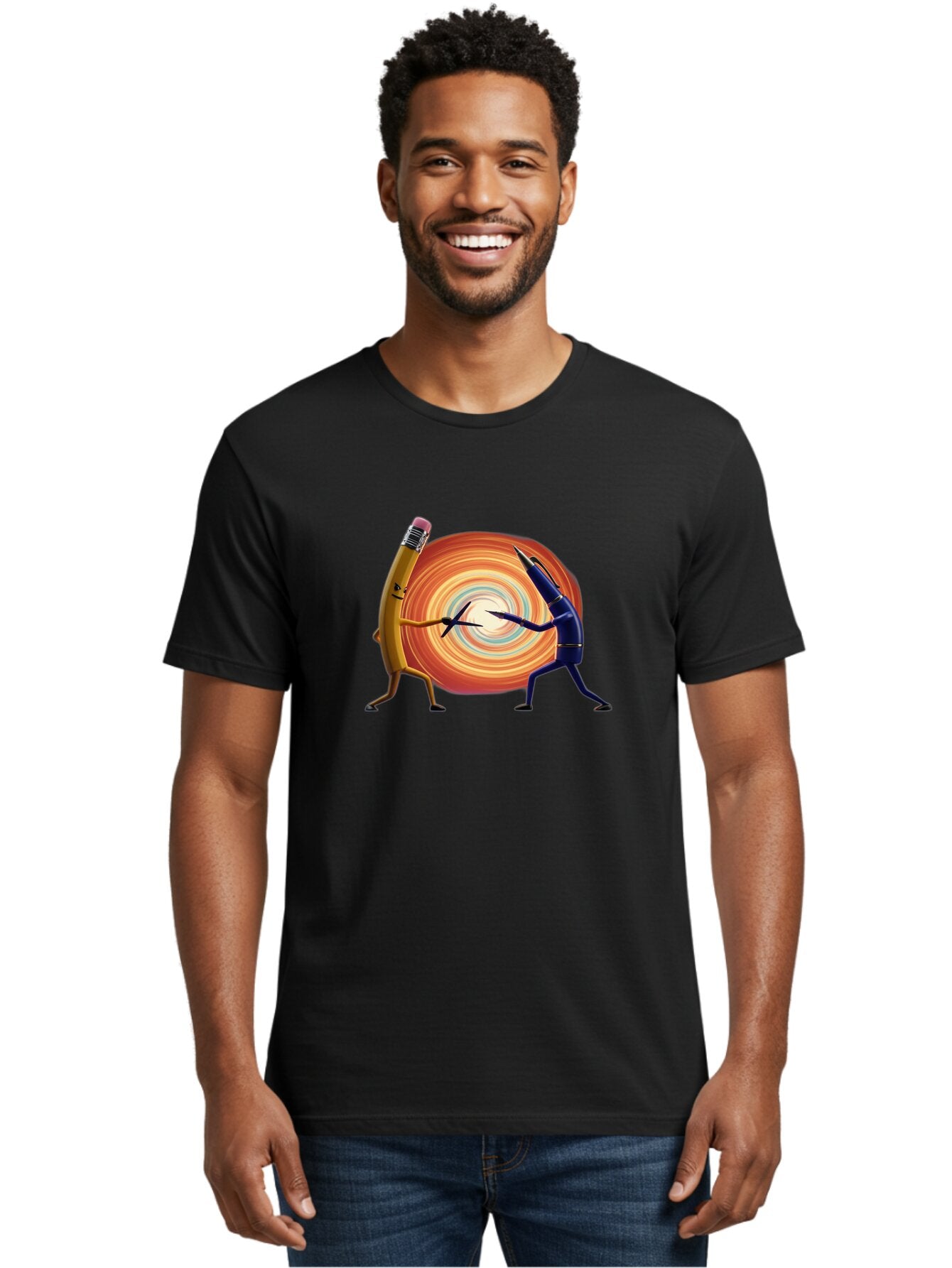 Pencil-Vs-Pen-1 Men'S Graphic Tee, 100% Cotton, Comfortable Casual Summer Wear, Machine Washable, Vintage Camera, Old Camera, Antique Camera, Black Camera, Classic Photography, Photography Equipment, Nostalgic Device, Film Camera, Camera Art Bar252 16