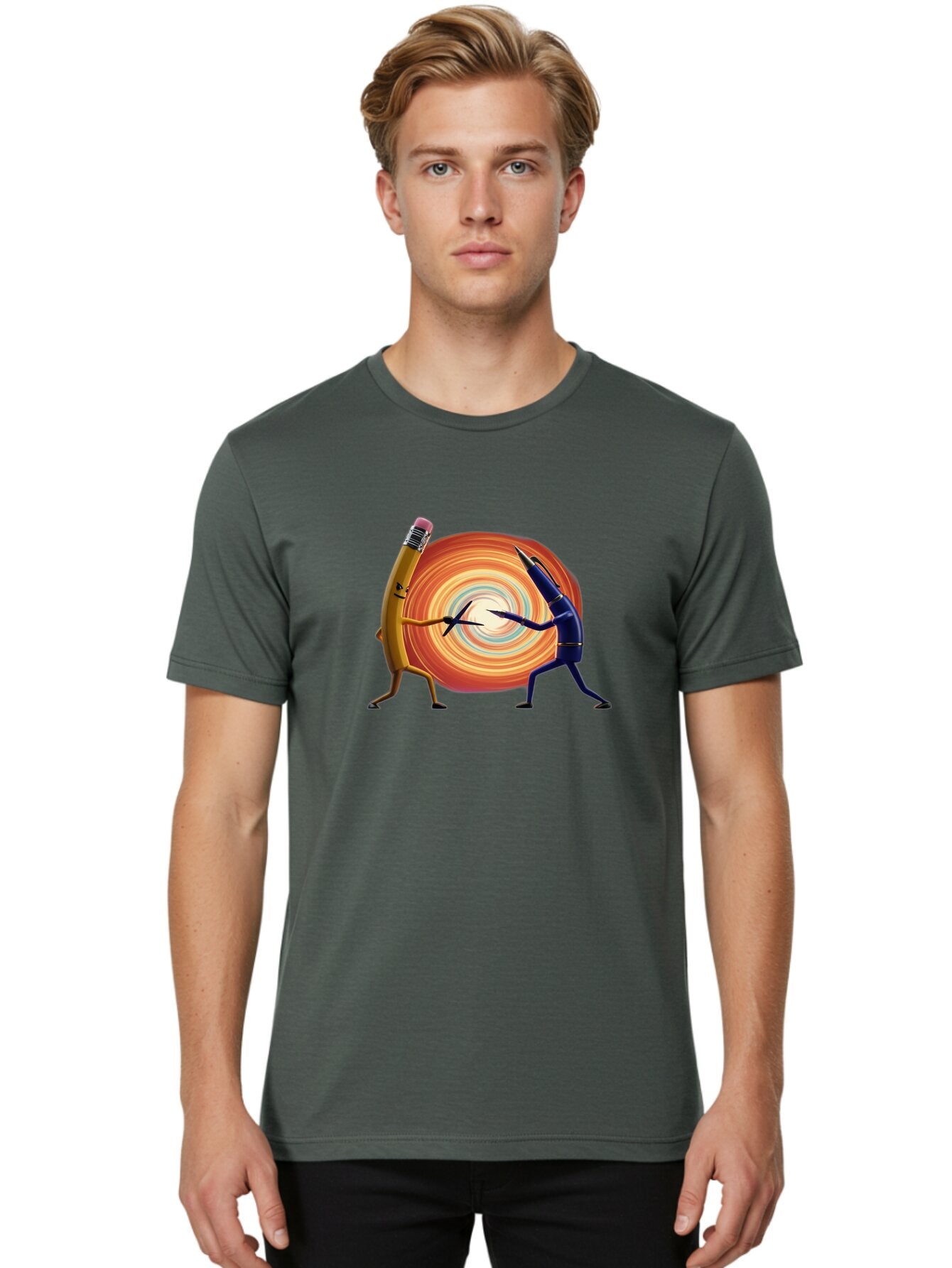 Pencil-Vs-Pen-1 Men'S Graphic Tee, 100% Cotton, Comfortable Casual Summer Wear, Machine Washable, Vintage Camera, Old Camera, Antique Camera, Black Camera, Classic Photography, Photography Equipment, Nostalgic Device, Film Camera, Camera Art Bar252 23