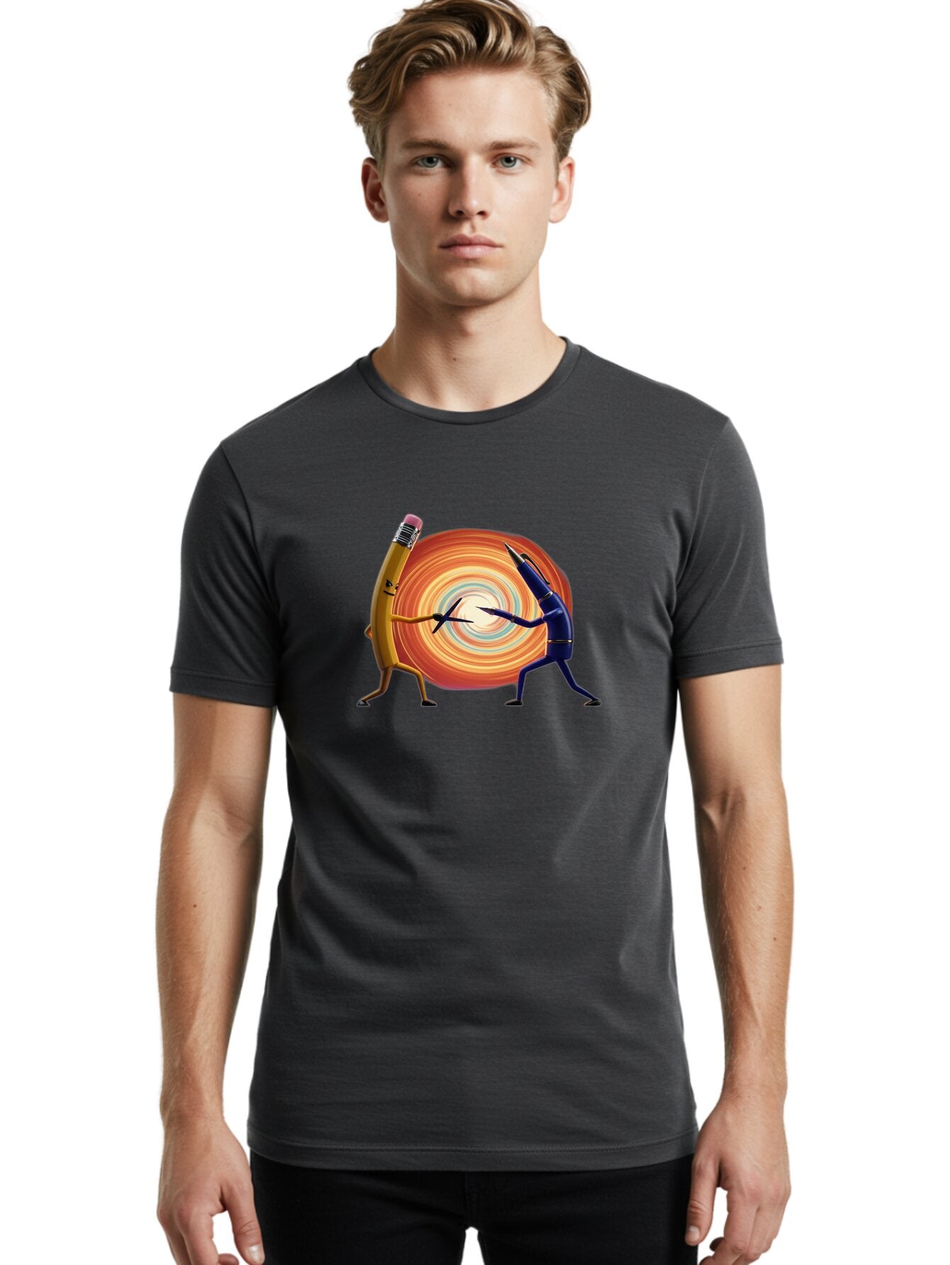Pencil-Vs-Pen-1 Men'S Graphic Tee, 100% Cotton, Comfortable Casual Summer Wear, Machine Washable, Vintage Camera, Old Camera, Antique Camera, Black Camera, Classic Photography, Photography Equipment, Nostalgic Device, Film Camera, Camera Art Bar252 21