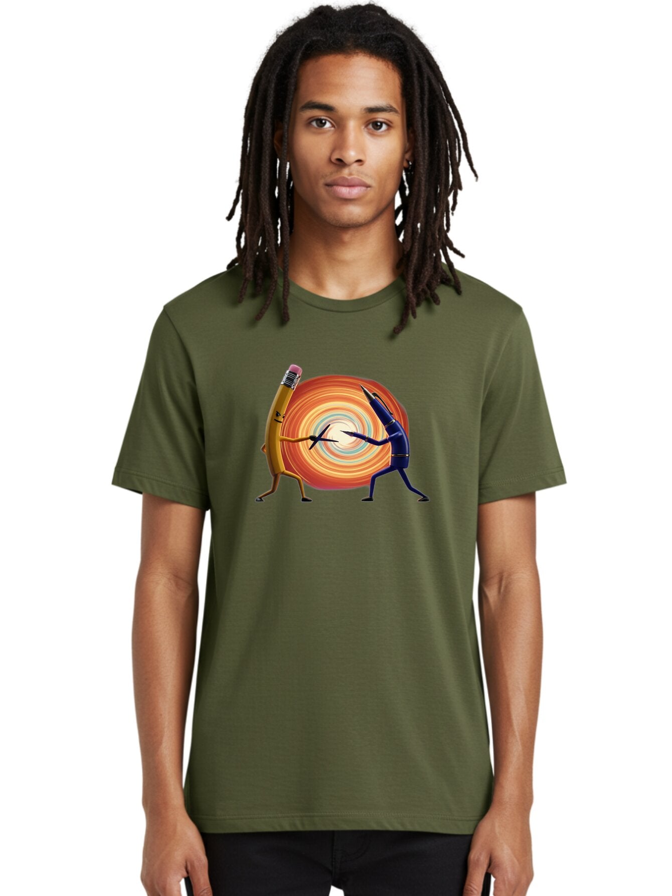 Pencil-Vs-Pen-1 Men'S Graphic Tee, 100% Cotton, Comfortable Casual Summer Wear, Machine Washable, Vintage Camera, Old Camera, Antique Camera, Black Camera, Classic Photography, Photography Equipment, Nostalgic Device, Film Camera, Camera Art Bar252 19