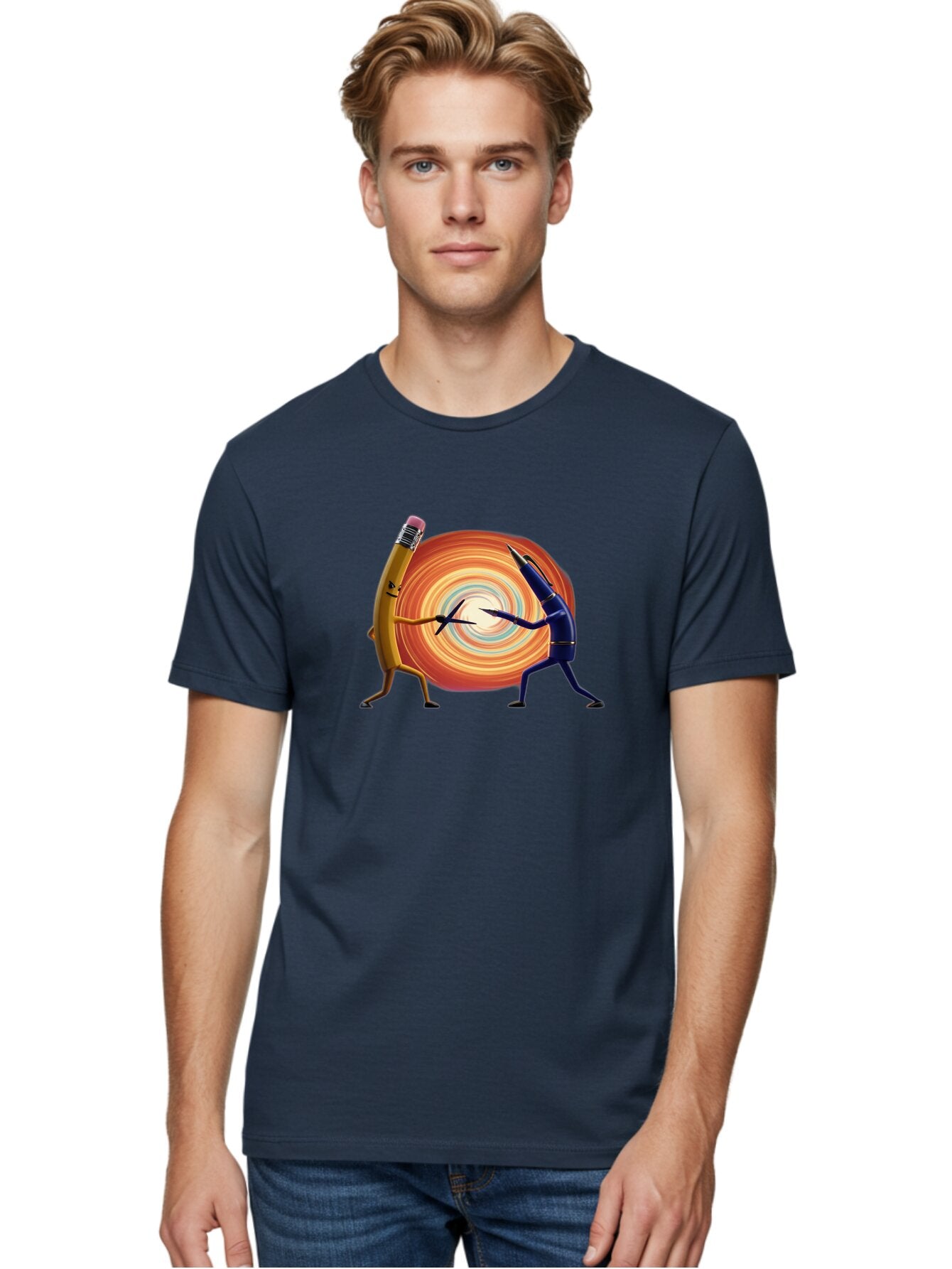 Pencil-Vs-Pen-1 Men'S Graphic Tee, 100% Cotton, Comfortable Casual Summer Wear, Machine Washable, Vintage Camera, Old Camera, Antique Camera, Black Camera, Classic Photography, Photography Equipment, Nostalgic Device, Film Camera, Camera Art Bar252 25